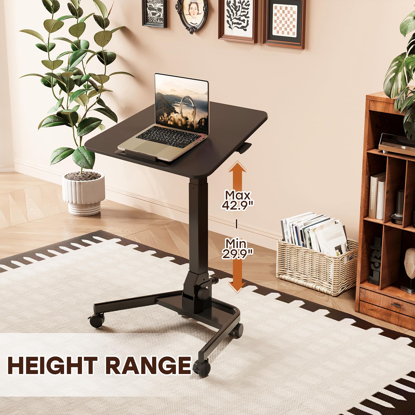 Adjustable Height Foldable Standing Desk with Wheels - Portable Sit Stand Workstation for Home Office, 90° Tiltable Laptop Desk, Ergonomic Mobile Desk for Small Spaces (Ideal for Remote Work, Study & Gaming)