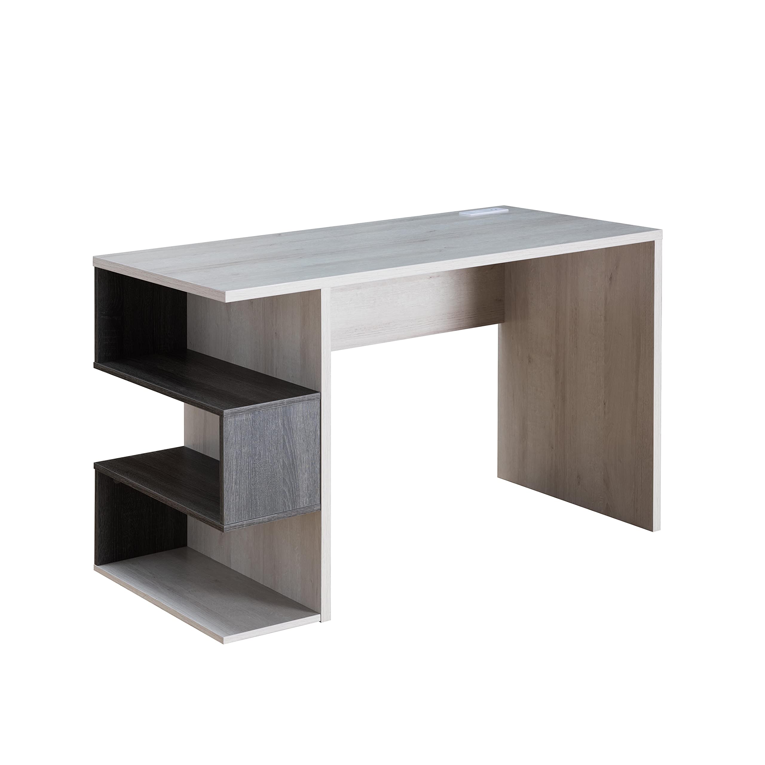 ICE ARMOR Two-Tone Writing Desk with Built-in Power Outlet & USB Ports - Modern Computer Laptop Table with Open Shelves in White Oak & Distressed Grey - Perfect for Home Office, Study Room & Small Spaces