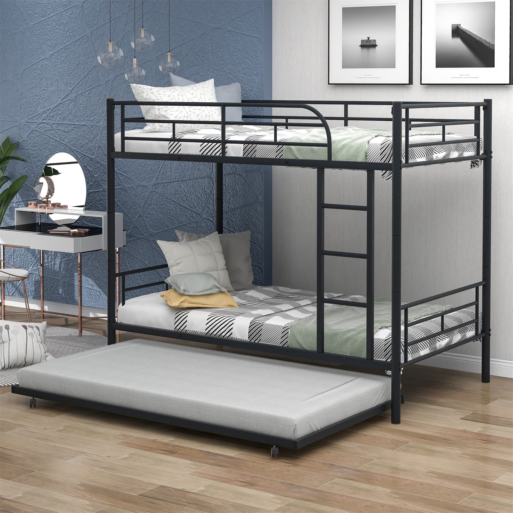 Metal Twin Over Twin Bunk Bed with Trundle - Convertible Triple Sleeper with Ladder & Safety Rails - Kids Bunk Bed Frame for Small Spaces - Can Split into 2 Separate Beds - Perfect for Dorms, Guest Rooms & Kids' Bedrooms (Black)