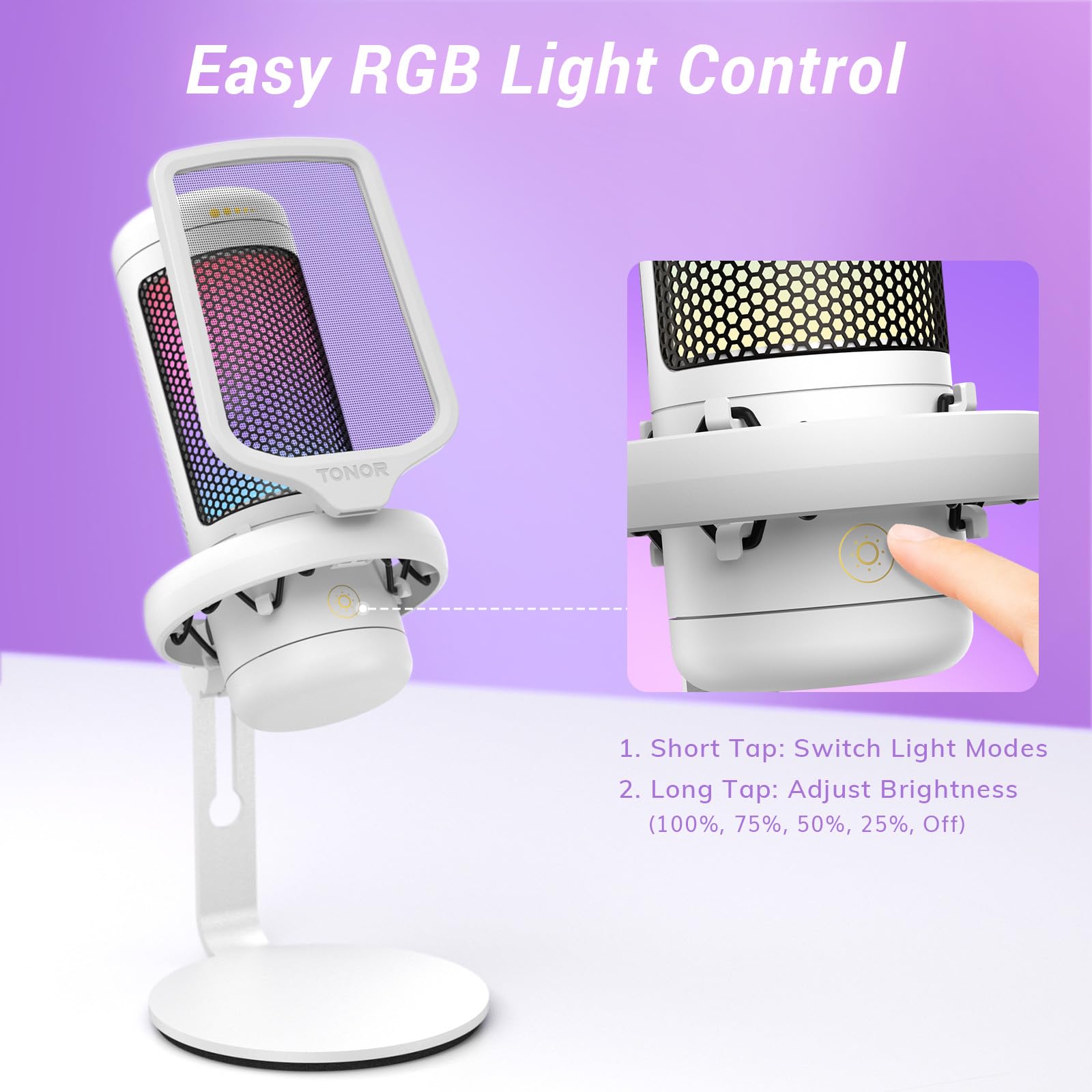TONOR TC320 USB Gaming Microphone with RGB Lighting & Gain Control - Condenser PC Mic for Streaming, Podcasting, Recording on Twitch, YouTube, Discord - Compatible with Mac, PS4, PS5, Nintendo Switch - Perfect for Home Studios & Professional Content Creation (White)
