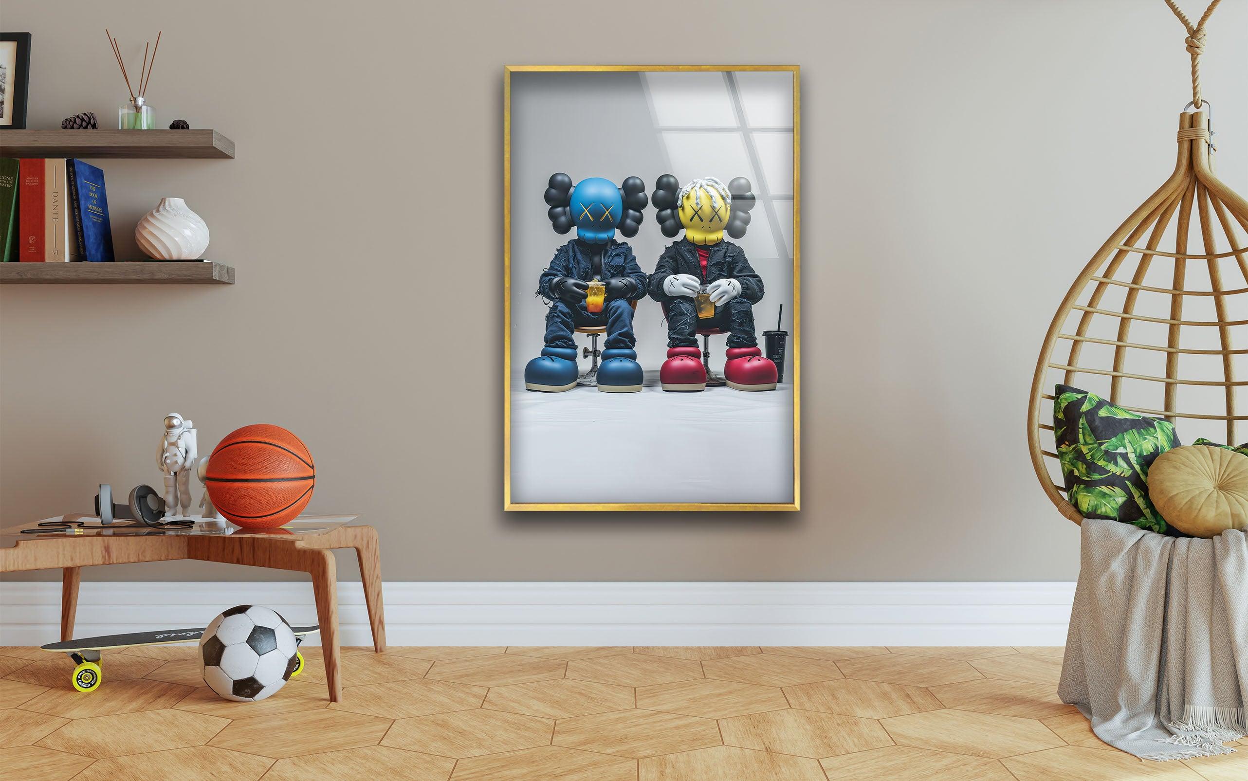 Blue & Yellow KAWS Wall Art Glass Decor - Modern Home & Office Decor for Living Room, Bedroom, or Gift