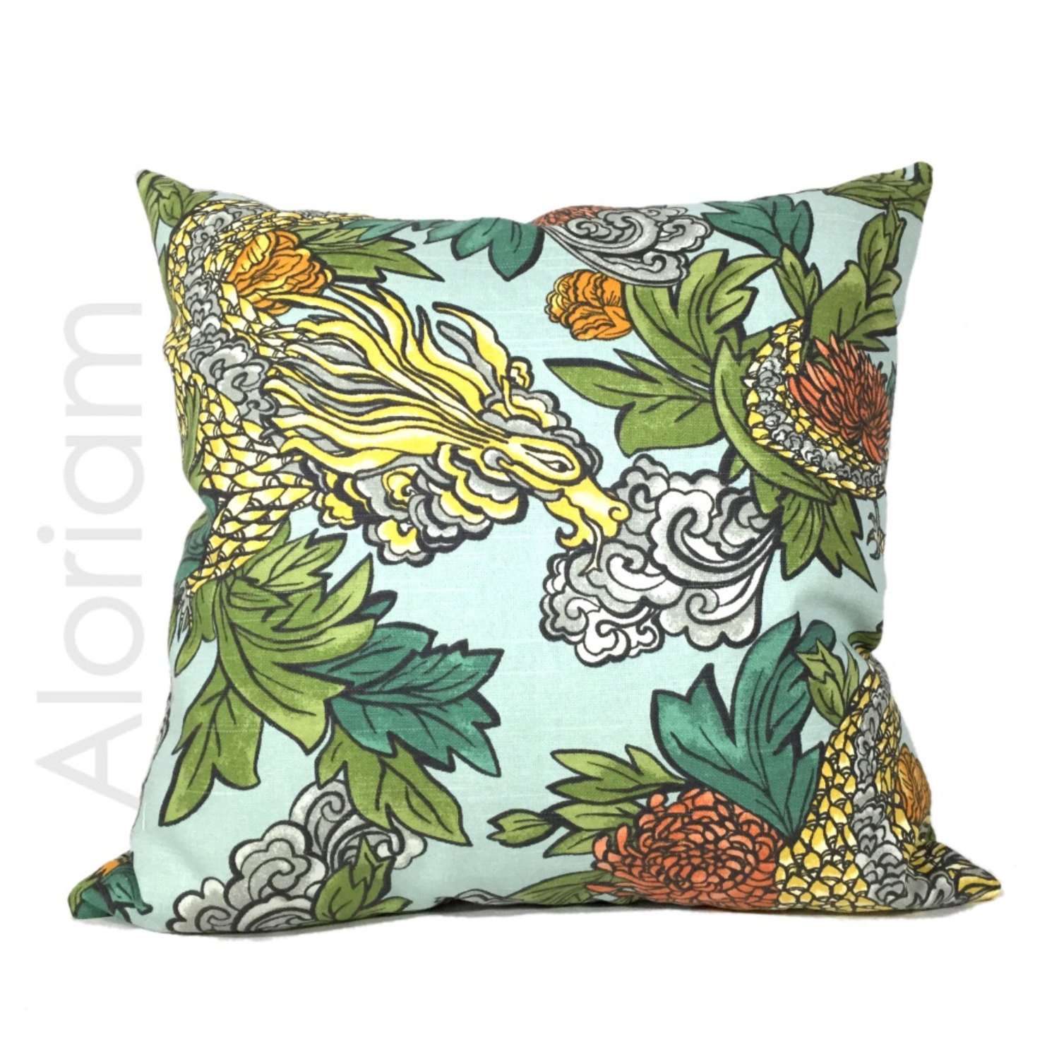 Robert Allen Dwell Studio Ming Dragon Chinoiserie Pillow Cover in Aquatint Blue - Asian Inspired Home Decor for Living Room, Bedroom & Sofa