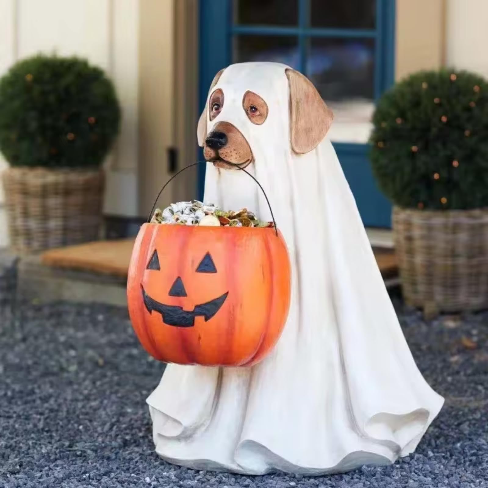 Spooky Ghost Dog Candy Bowl Holder - Halloween Decor with Pumpkin Candy Tray - Indoor & Outdoor Party Decoration for Halloween, Christmas, and Themed Events (Dog Statue)