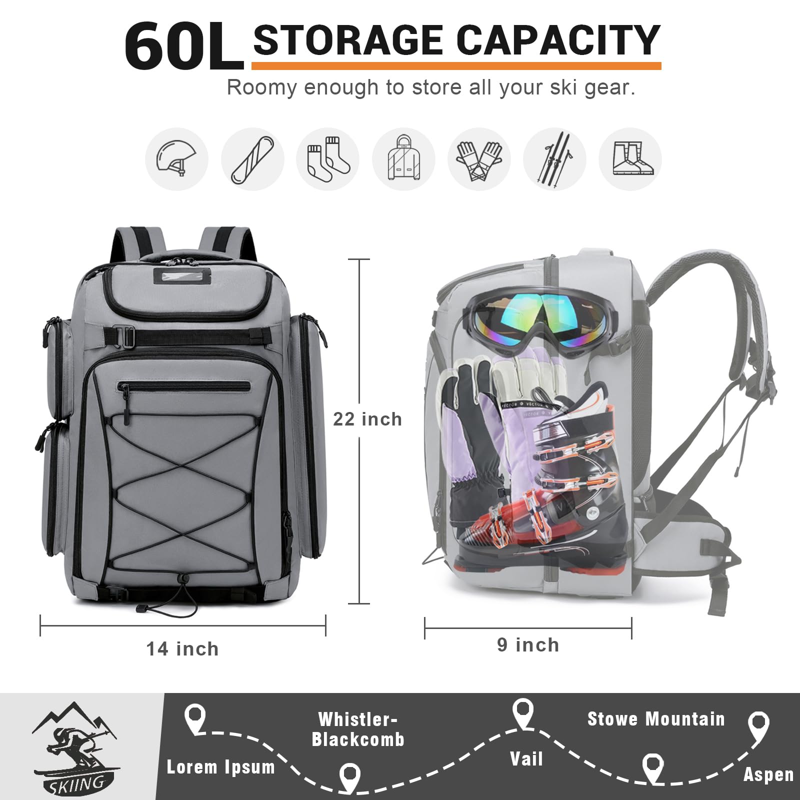 60L Waterproof Ski Boot Backpack for Men & Women - Large Travel Backpack for Snowboard Boots, Skis, Helmet, Goggles & Gloves - Durable Winter Sports Gear for Skiing, Snowboarding & Mountain Adventures