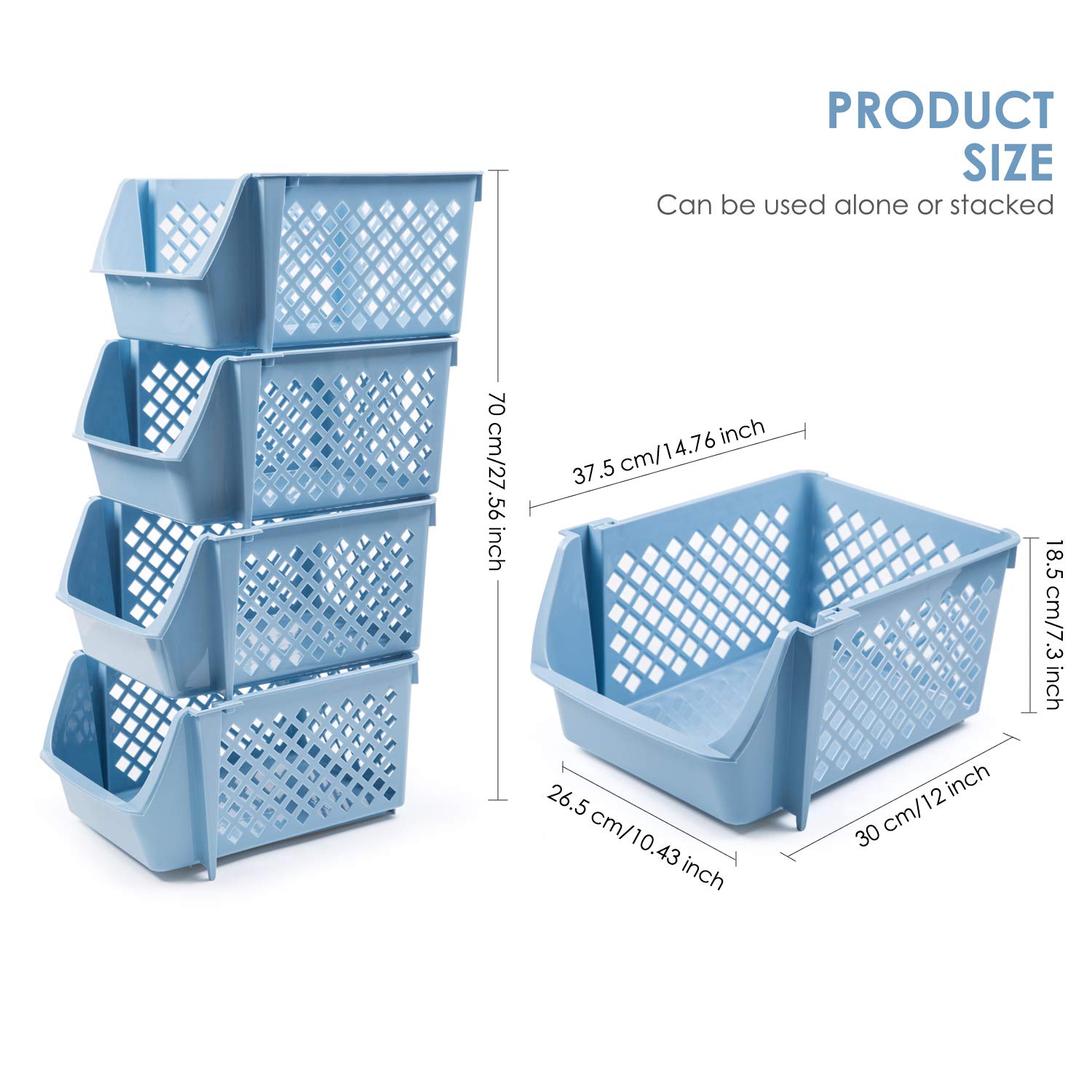 4-Piece Stackable Plastic Storage Baskets - Organizer Bin for Food, Snacks, Toys & Toiletries - Space-Saving Home & Kitchen Organization Solution (Blue) - Perfect for Pantry, Bathroom, Kids Room & Office Use