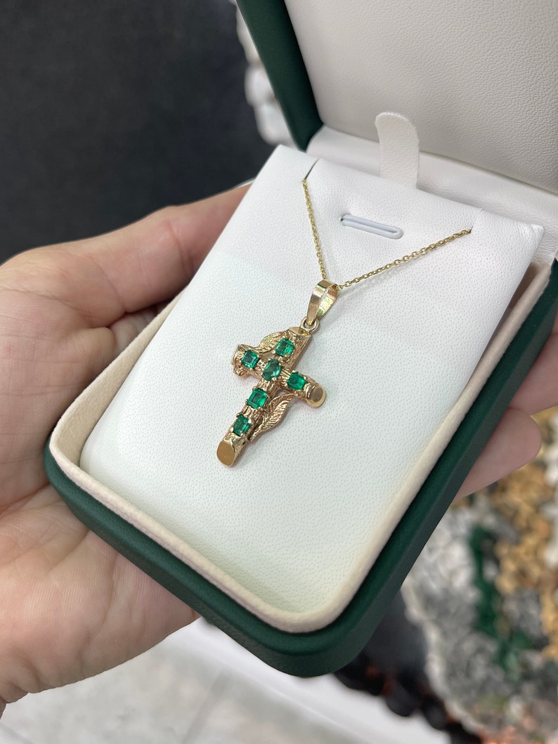 1.75tcw 14K Gold Real Emerald Cross Pendant Necklace - Medium Dark Vivid Green Gemstone Jewelry for Men & Women | Perfect for Gifts, Weddings & Everyday Elegance