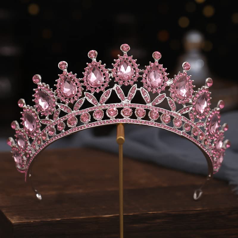 Luxury Rhinestone Crystal Crown Tiara for Women - Elegant Bridal Hair Jewelry, Queen Diadem & Wedding Hair Accessories | Perfect for Pageants, Bridal Showers, Prom & Special Occasions (Pink Metal)