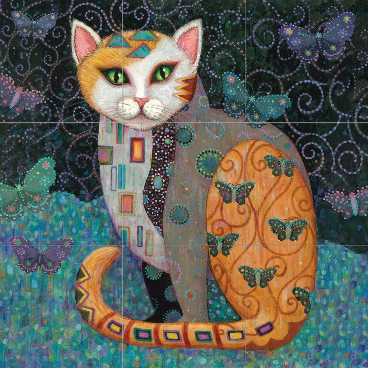 Hand-Painted Ceramic Backsplash Tile Mural - Fluttering Cat Design by Marjorie Sarnat for Kitchen & Bathroom Decor | Perfect for Home Renovation and DIY Projects