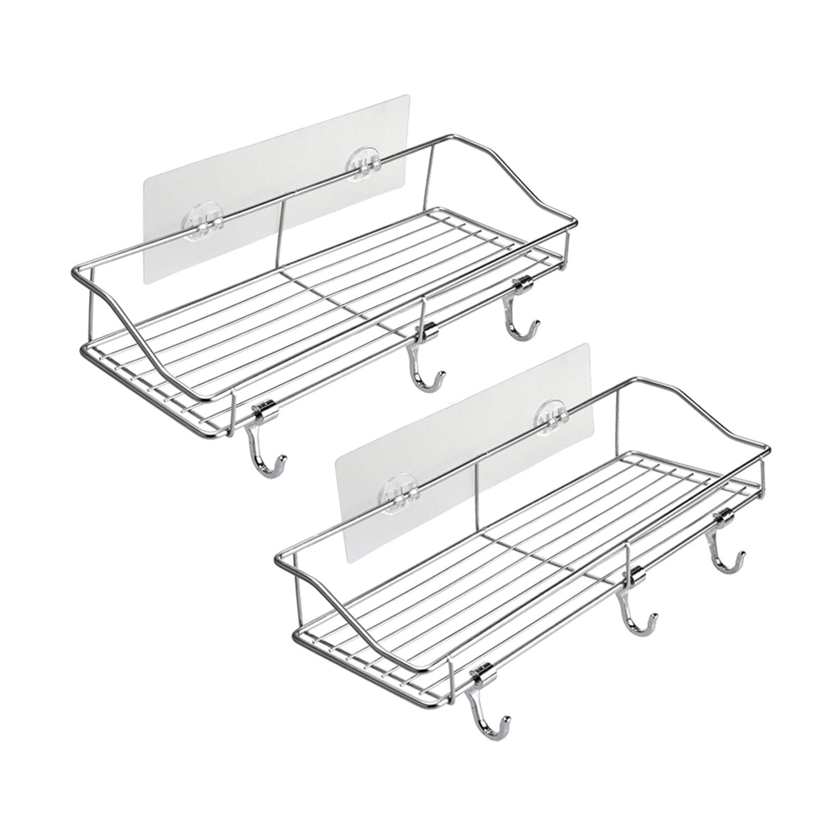 Stainless Steel Shower Caddy Shelf with Hooks - No Drill Adhesive Bathroom Storage Rack for Shower, Toilet, Kitchen - 2 Pack Silver - Perfect for Small Spaces & Organizing Toiletries