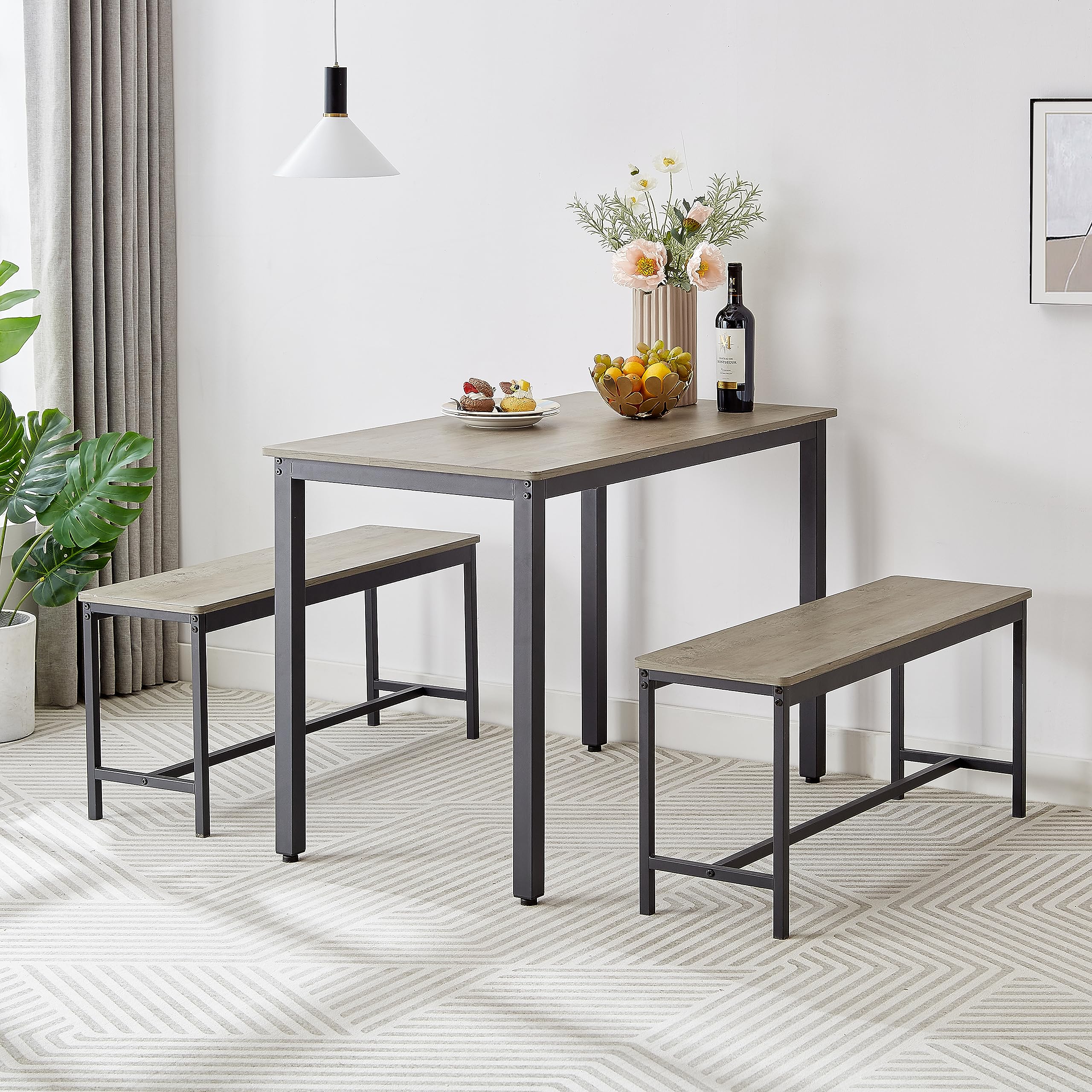 JULYFOX 3-Piece Dining Table Set with 2 Benches - Dark Beige Wood & Metal Kitchen Table for Small Spaces | Seats 4 | Perfect for Apartments, Breakfast Nooks & Cozy Dining Areas