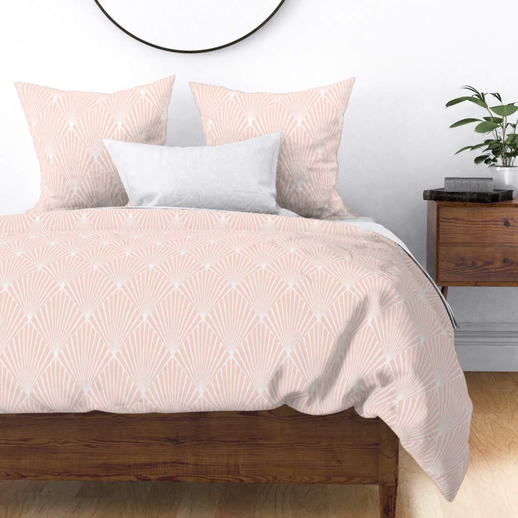 Art Deco Blush Geometric Cotton Sateen Duvet Cover King/California King - Custom Pink & White Fan Print Bedding Set for Modern & Vintage Bedroom Decor