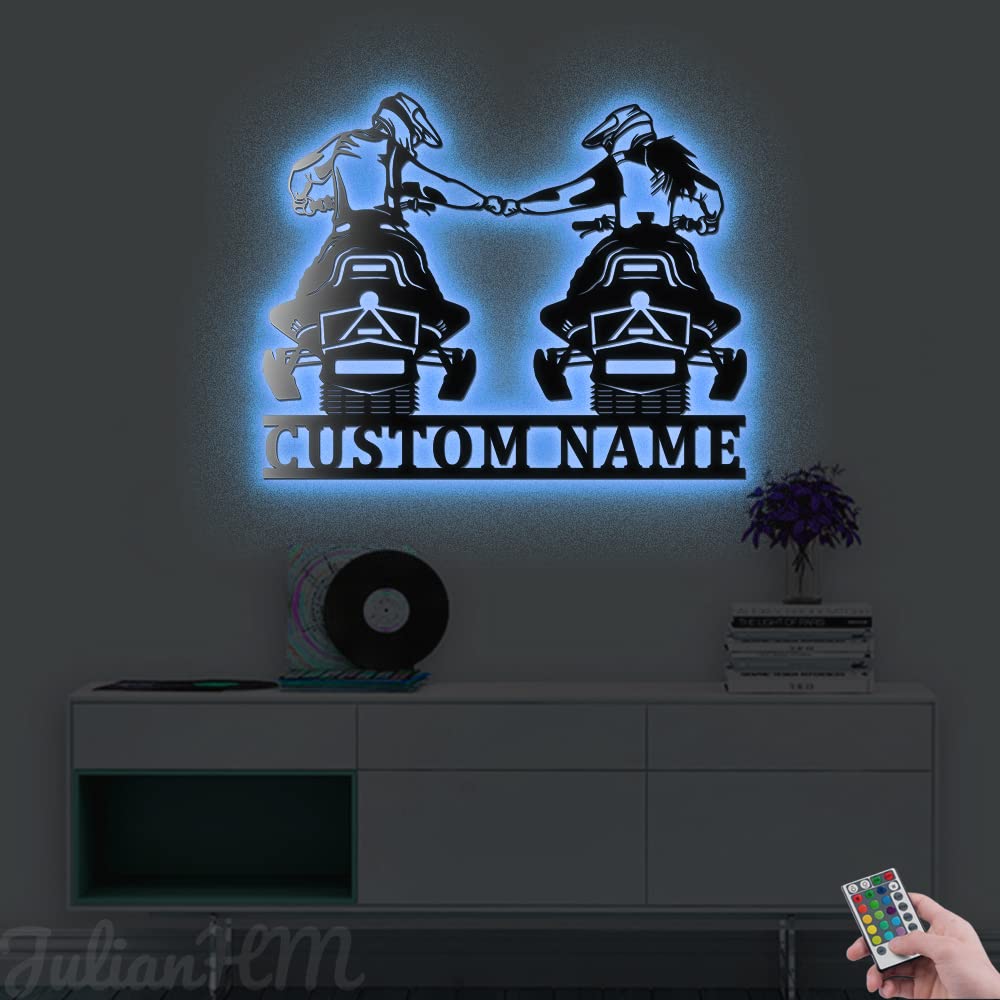 Custom Dad and Mom Snowmobile Metal Wall Art with LED Lights - Personalized Snowmobile Name Sign for Winter Games & Outdoor Home Decor - 12x12 Inches with Lights - Perfect for Cabin, Garage, or Man Cave Decor