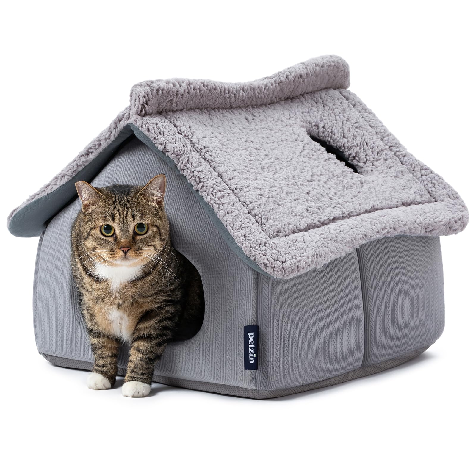 Premium Large Cat Cave Bed for Indoor Cats - Washable 2-Sided Mat & Removable Support Foam - Cozy Enclosed Hideaway for Kittens & Small Pets (Grey) - Perfect for Living Rooms, Bedrooms & Pet-Friendly Spaces