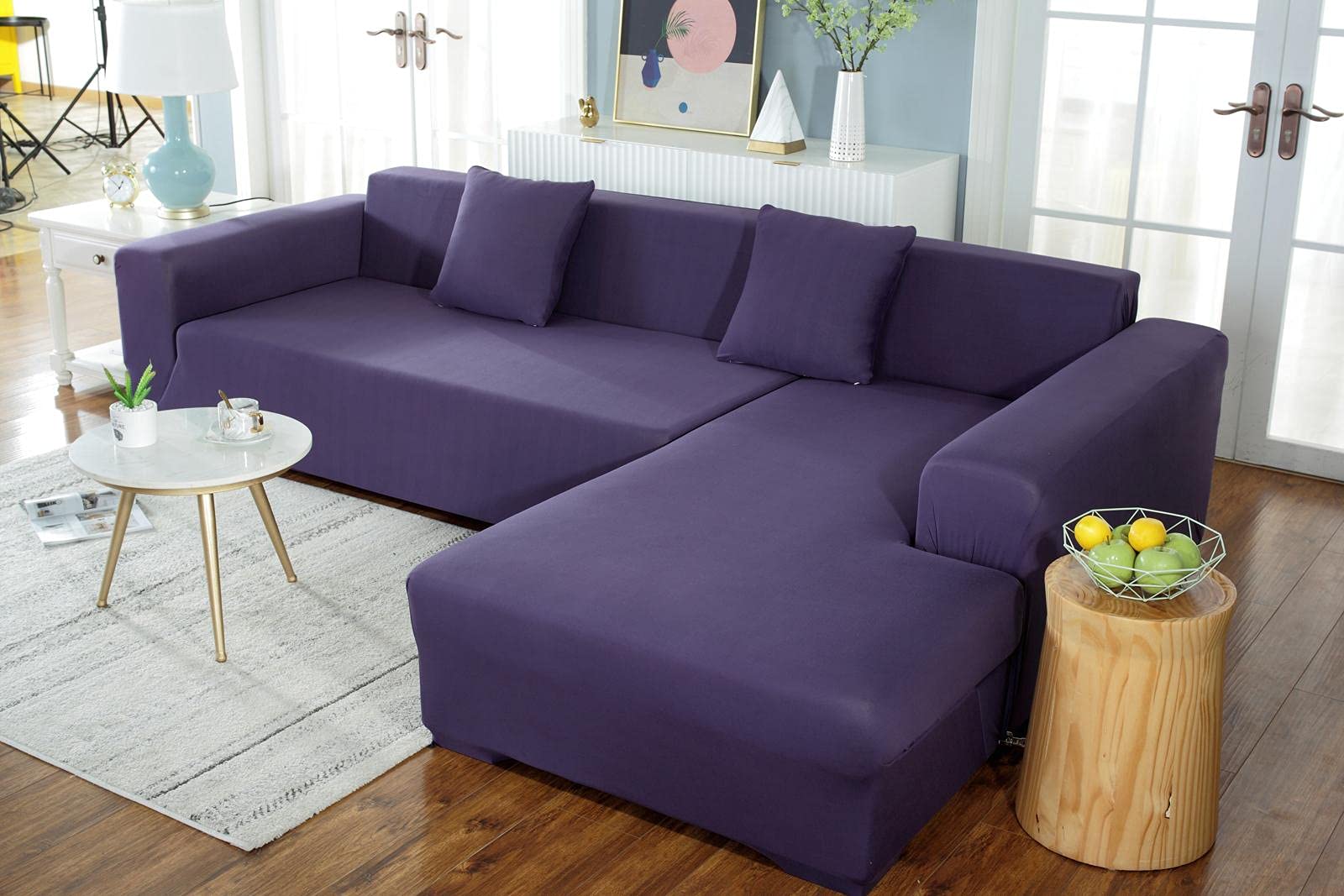 L-Shaped Sectional Sofa Cover - Durable 2/3/4 Seater Couch Slipcover - Thick Furniture Protector for Pets & Kids (Purple) - Perfect for Living Room, Family Room & Home Theater