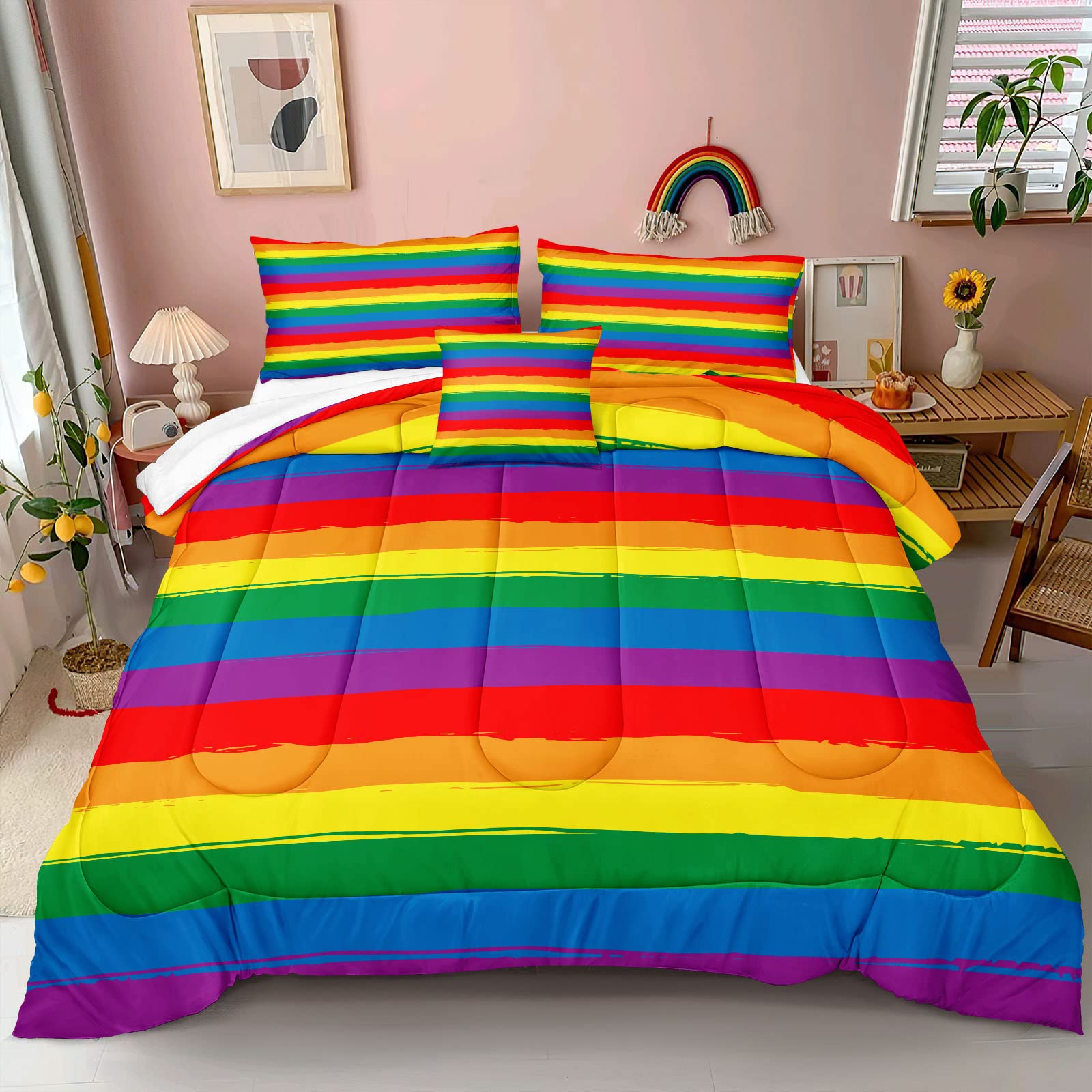 Rainbow Pride King Comforter Set - Colorful Striped Bedding for LGBTQ+ Celebrations