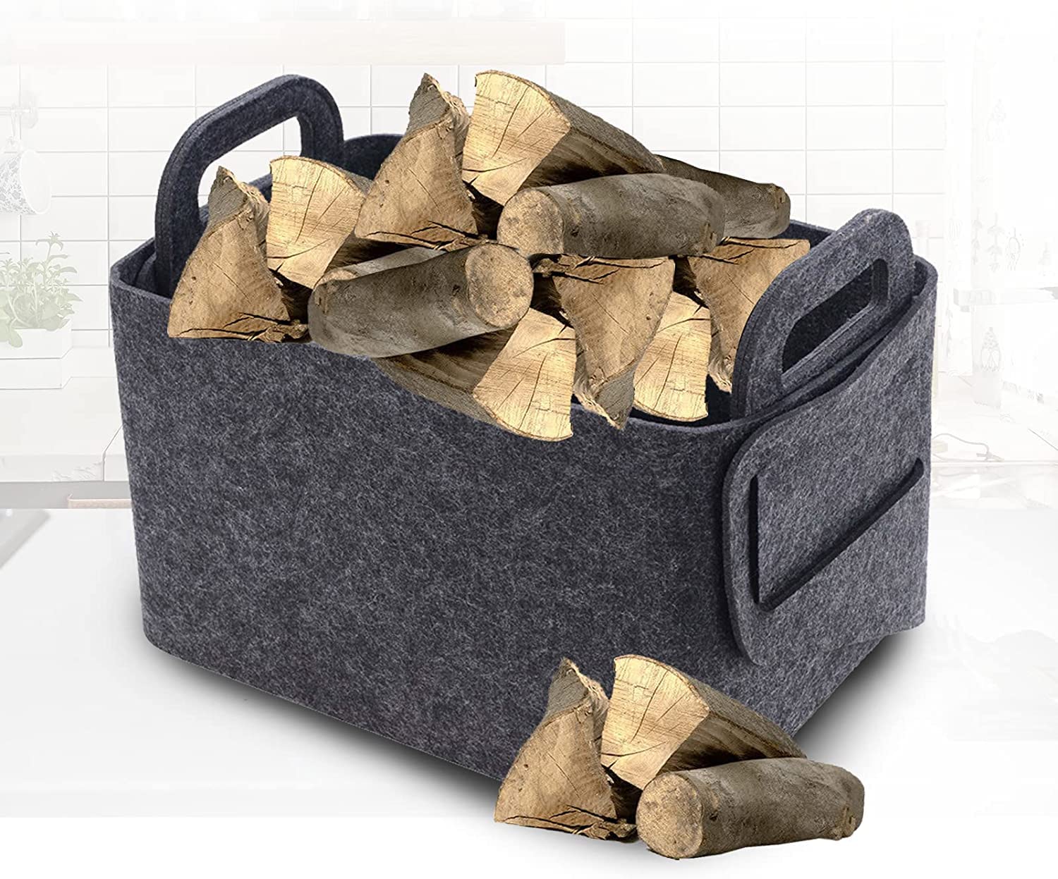Foldable Felt Log Basket with Handles - 35x21x24cm Storage Organizer for Firewood, Toys, Newspapers & Shopping - Perfect for Indoor/Outdoor Use, Living Room, Patio & Garden Storage