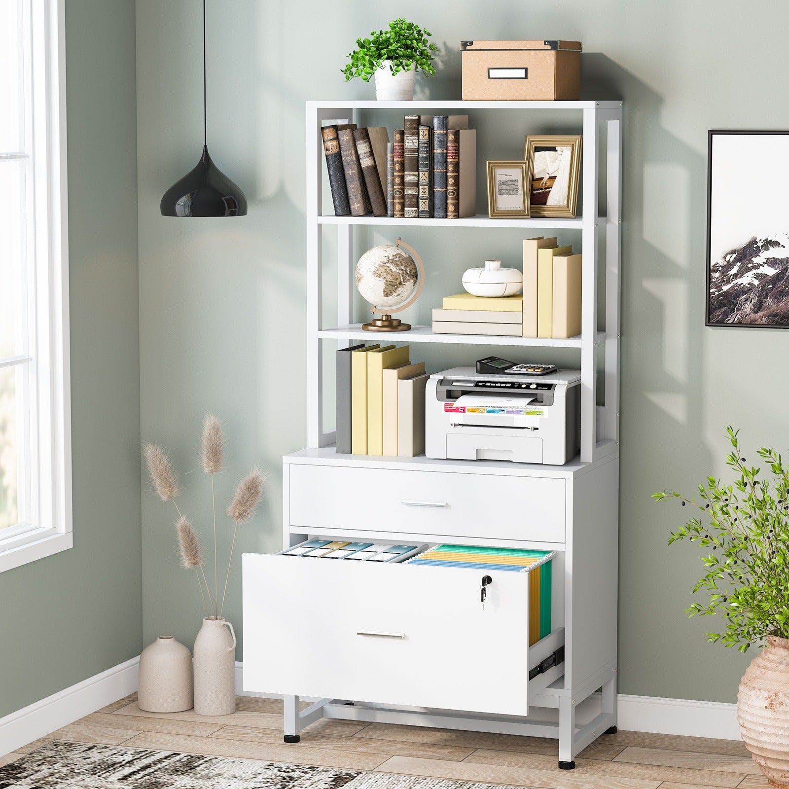 2-Drawer Locking File Cabinet with Bookshelf - Secure Vertical Filing Storage for Office, Home & School Organization