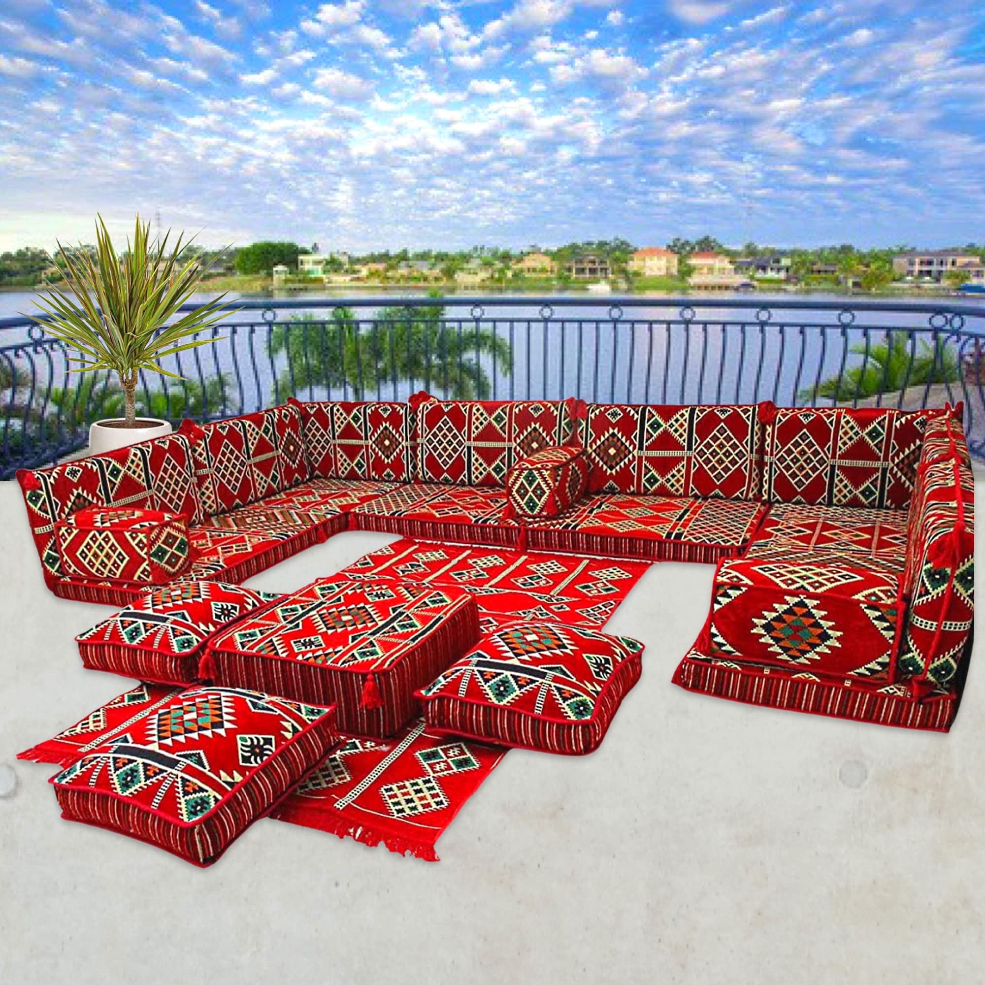 Arabic U-Shaped Majlis Sofa Set - Traditional Floor Seating Couch with Mattress for Living Room, Lounge & Cultural Gatherings | Perfect for Home Decor, Family Events & Middle Eastern Style Interiors