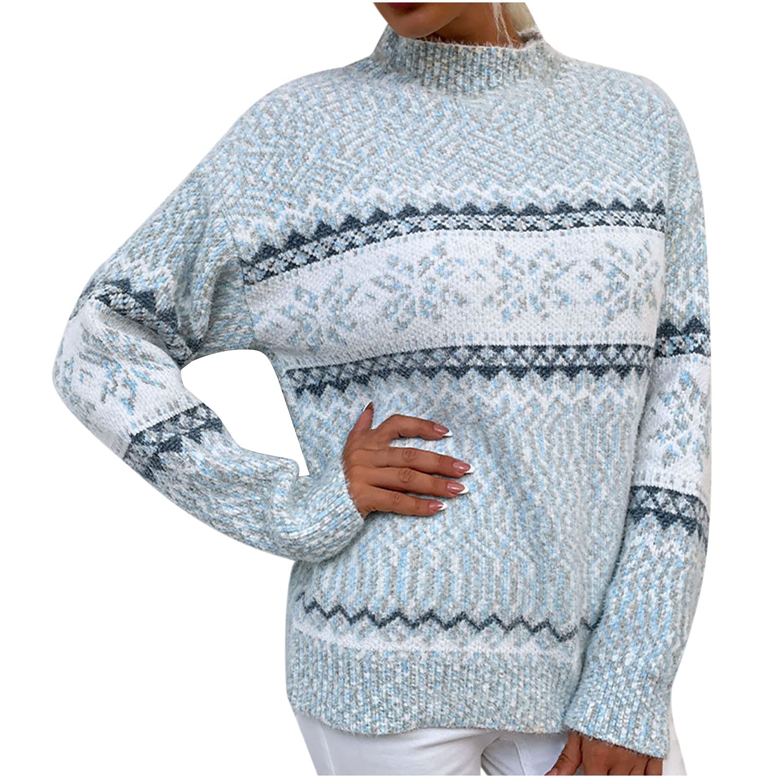 Women's Chunky Knit Turtleneck Sweater - Snow Print Waffle Knit Long Sleeve Pullover Top for Winter | Cozy Casual Wear, Office Outfits & Holiday Fashion