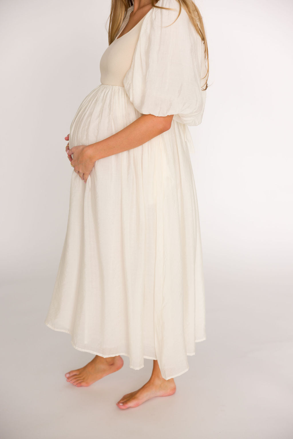 Raina Women's Maternity Midi Dress with Puff Sleeves - Bump Friendly Flowy Summer Dress in Natural - Perfect for Baby Showers, Brunch Dates & Pregnancy Photoshoots