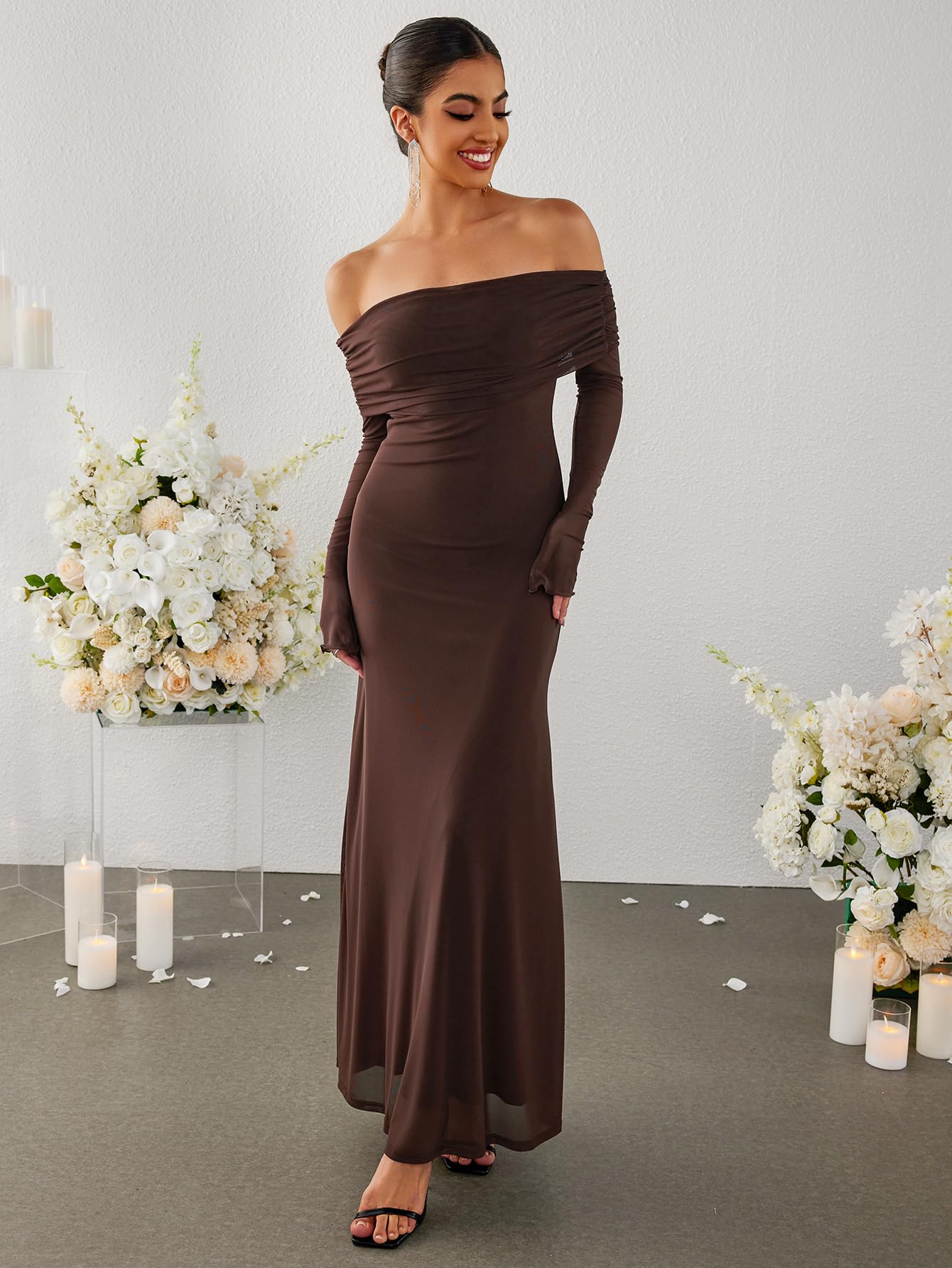 KUTUMAI Women's Off Shoulder Bodycon Maxi Dress - Long Sleeve Mesh Ruched Party Gown for Wedding Guest, Cocktail, Evening & Formal Events | Elegant Stretch Fit for Night Out, Date Night & Special Occasions