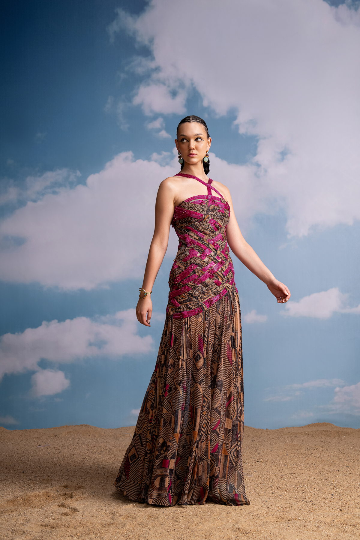 Fuchsia Geometric Print Braided Dress with Beaded Hand Embroidery - Elegant Boho Chic Maxi Dress for Women, Perfect for Summer Weddings, Beach Vacations & Special Occasions