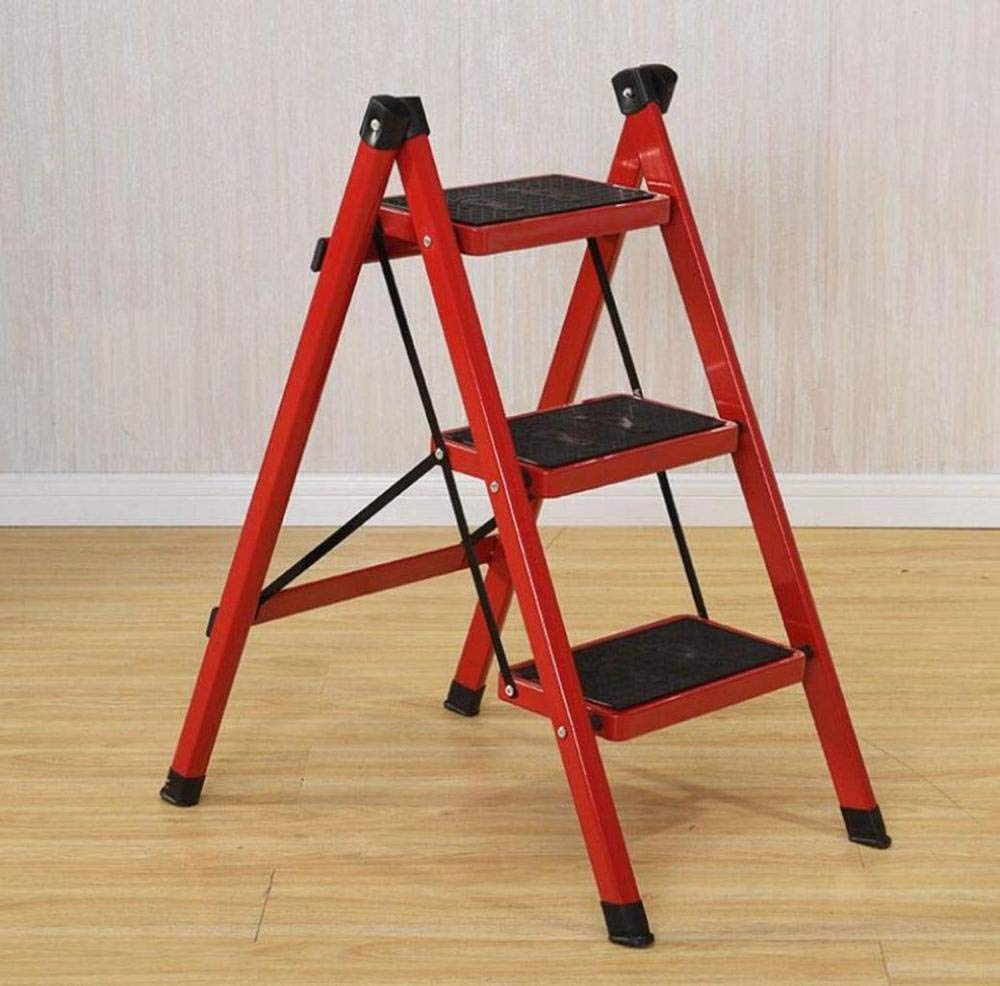 3-Step Aluminum Ladder Stool with Iron Tube Frame - Multifunctional Single-Sided Household Step Ladder for Kitchen, Bathroom & Garage Storage (Red)