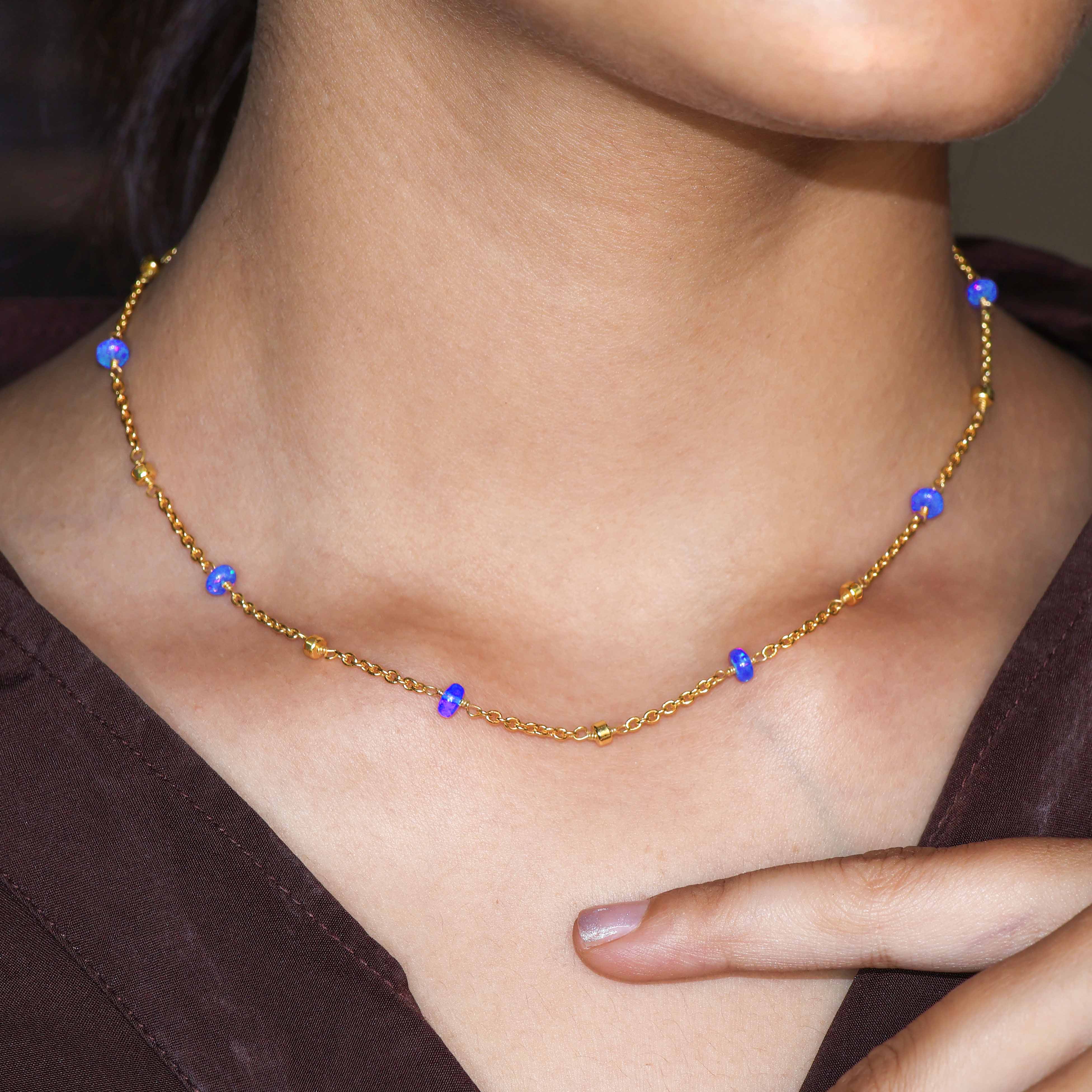 Blue Opal Cable Chain Necklace for Women - Dainty Layering Jewelry Gift for Birthday, Anniversary & Everyday Elegance
