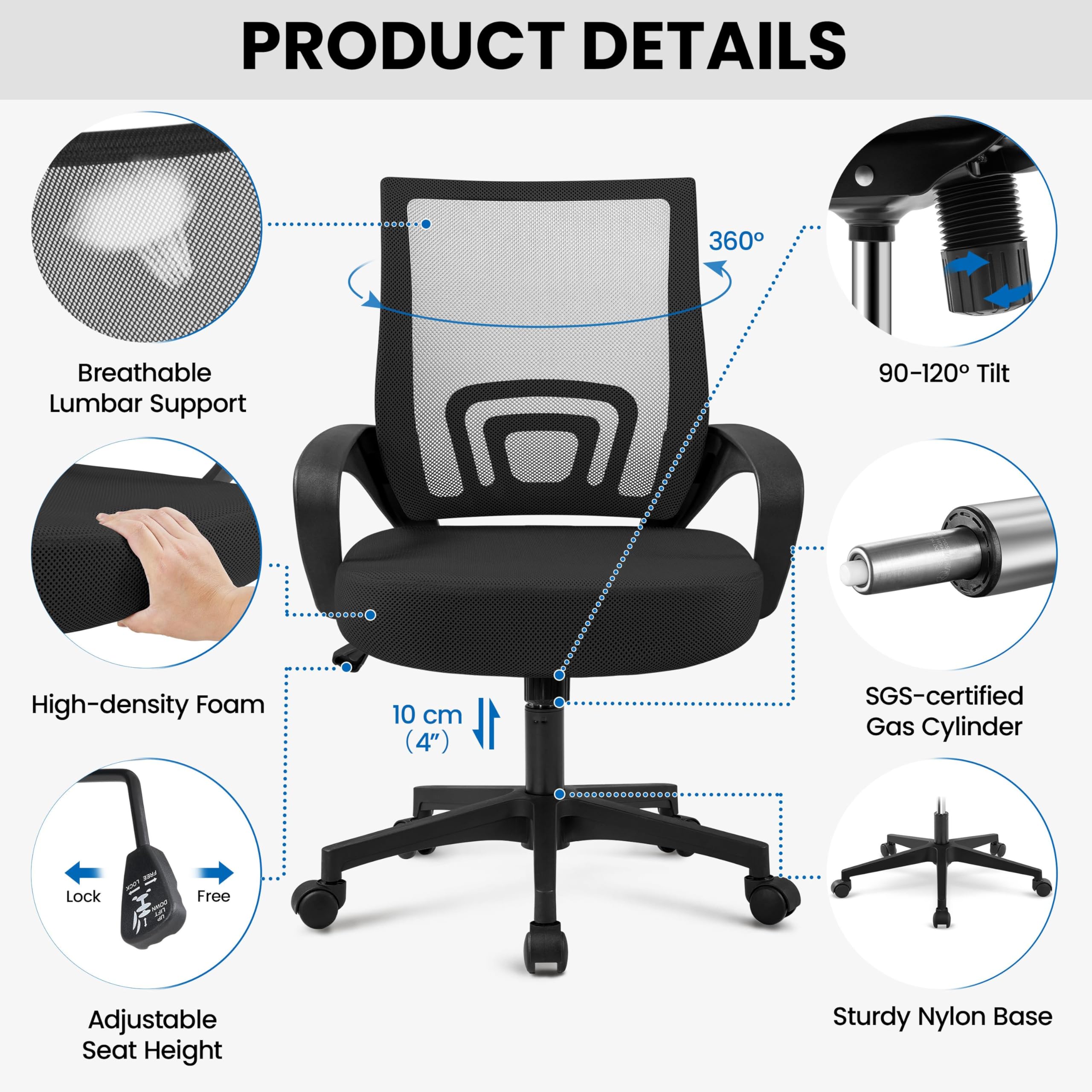 Yaheetech Ergonomic Office Chair - Mid Back Swivel Desk Chair with Lumbar Support, Adjustable Height & Armrests, Breathable Mesh Computer Chair (Black, 2-Pack) - Perfect for Home Office, Gaming & Workspaces
