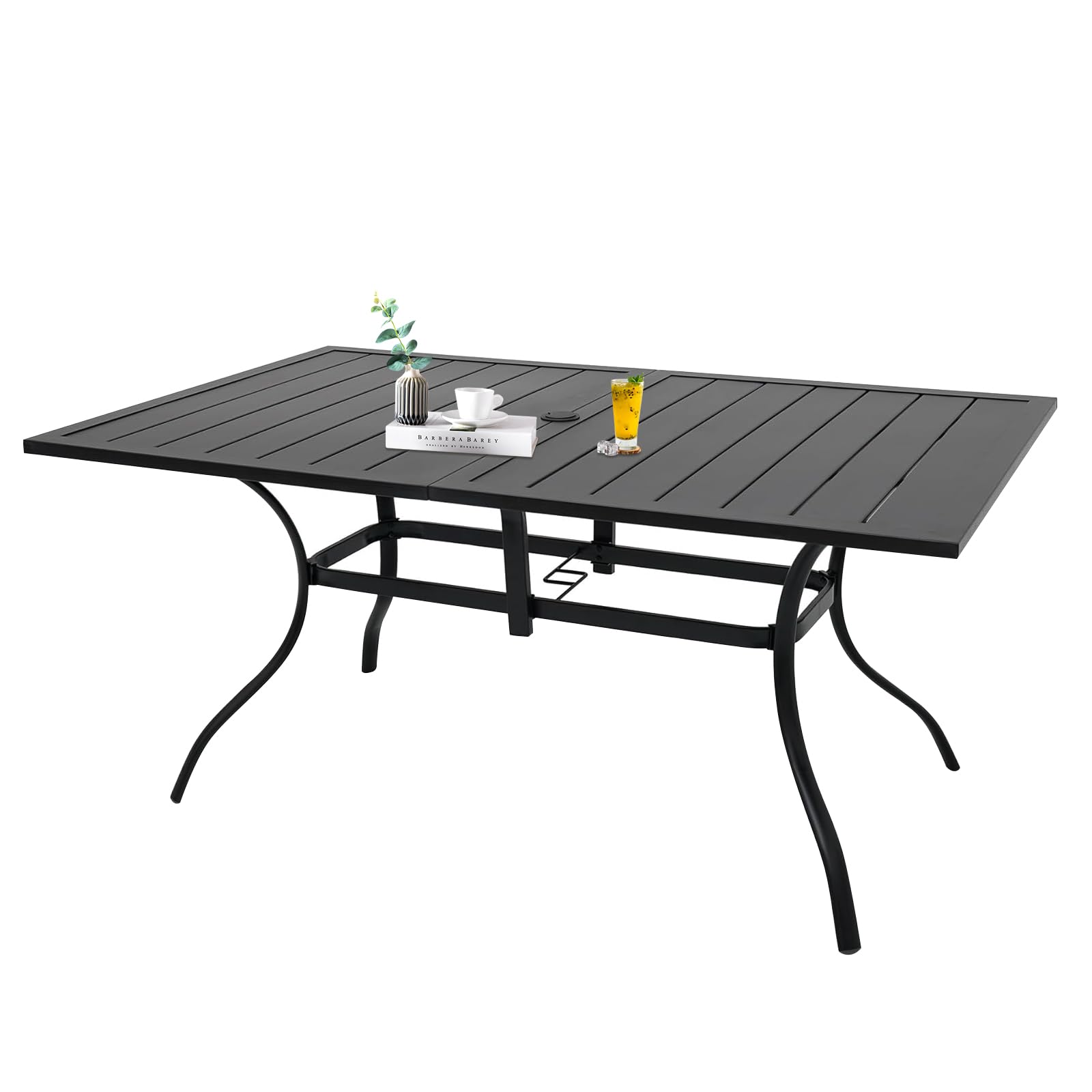 MEOOEM 6-Person Rectangle Outdoor Patio Dining Table - All-Weather Metal Tabletop with 1.57
