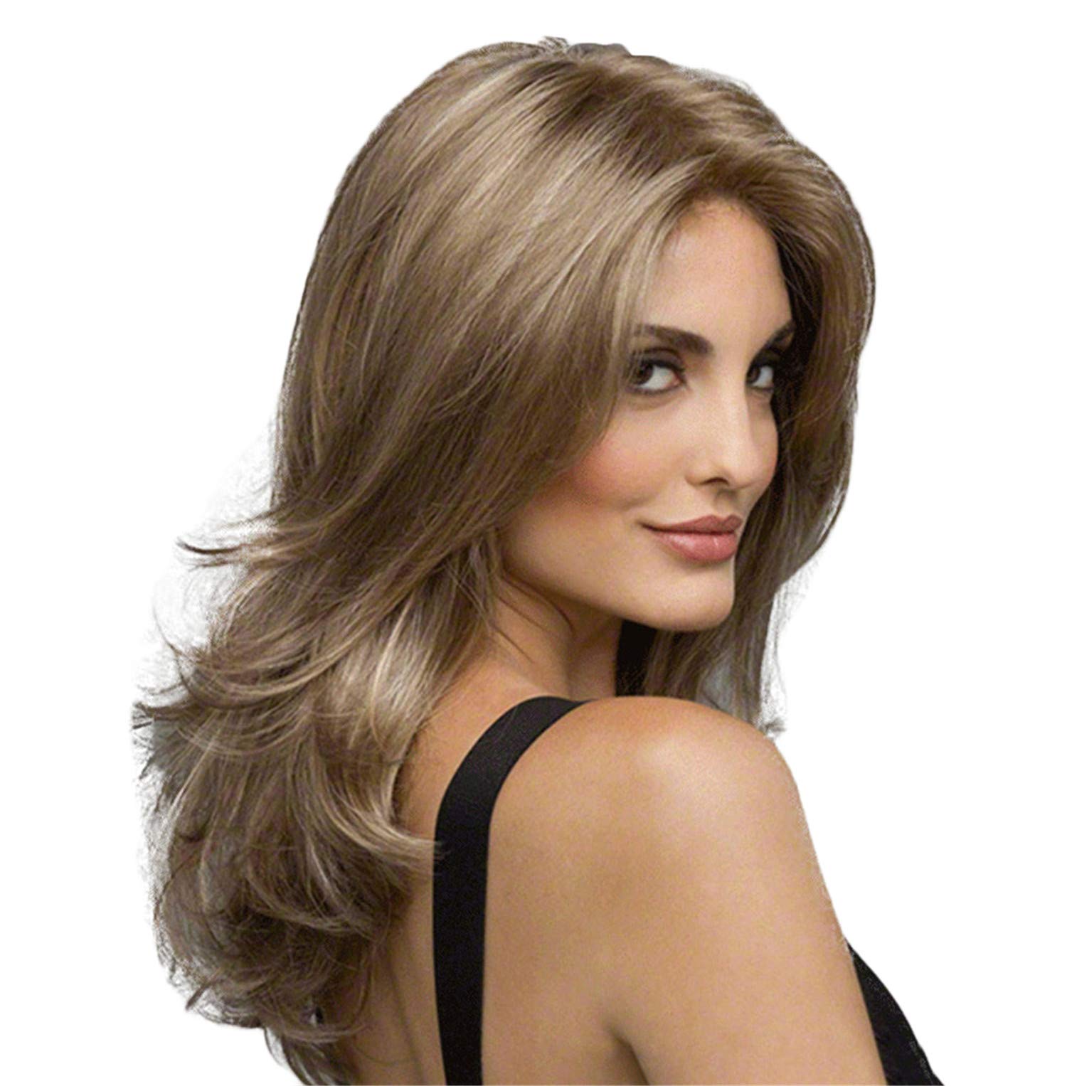 Andongnywell Mid-Length Wavy Synthetic Wig - Natural Brown Middle Part Hairpiece for Women | Heat Resistant Cosplay Wig for Halloween, Parties & Daily Wear