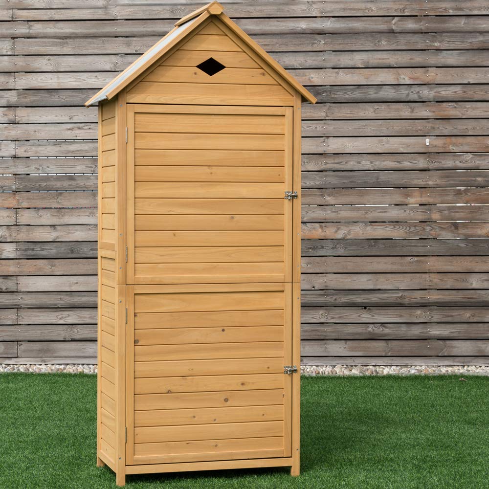 Goplus Wooden Storage Shed - Fir Wood Outdoor Cabinet for Garden, Patio & Yard - Natural Finish - Perfect for Storing Tools, Cushions & Outdoor Equipment
