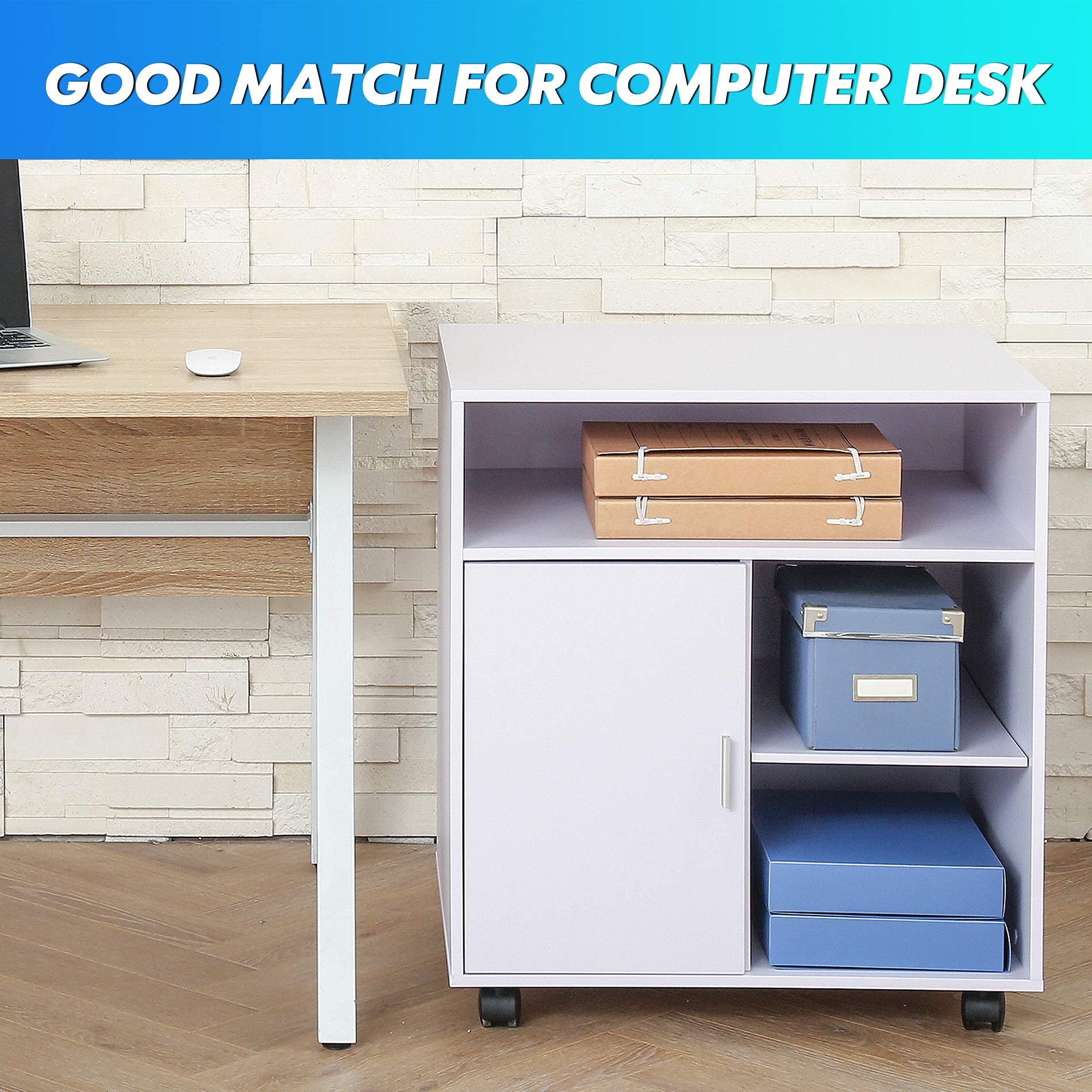 FITUEYES White Wooden Printer Cabinet with Door - Adjustable Shelves Mobile Printer Stand on Wheels for Home Office - Storage for File Folders, Ink Cartridges & Office Supplies (PS406005WW) | Perfect for Small Spaces & Organized Workspaces