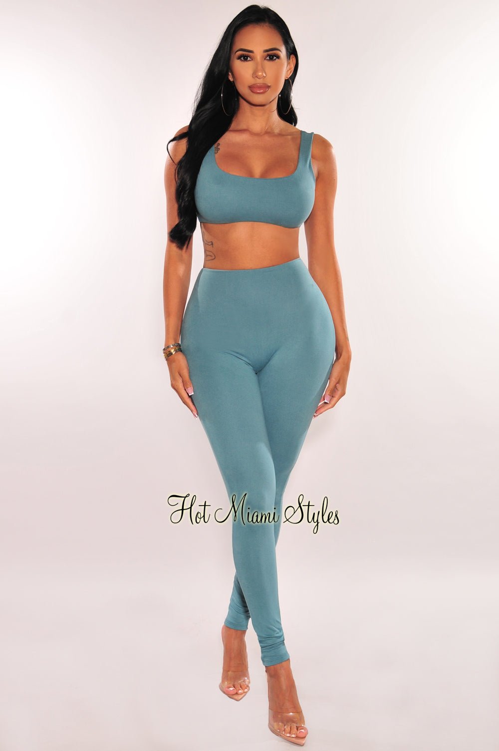Stylish Teal Crop Top & High Waist Legging 2-Piece Workout Set - Perfect for Yoga, Gym & Casual Wear