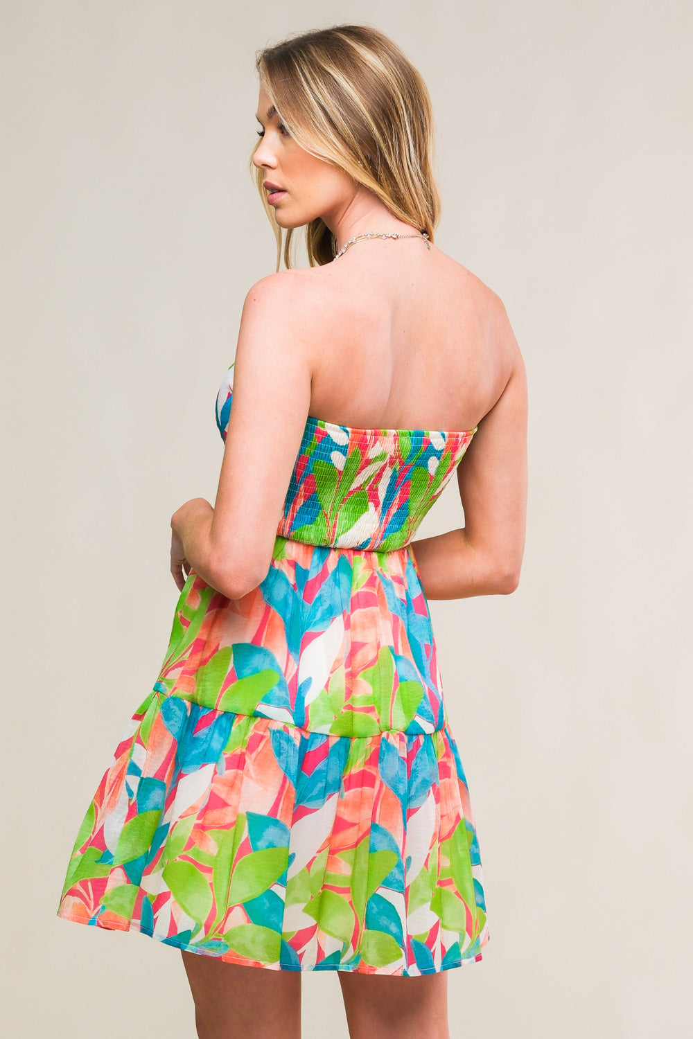 LYNDA Strapless Leaf Print Mini Dress - Floral Summer Party Dress for Women, Beach Vacation, Date Night & Casual Outings