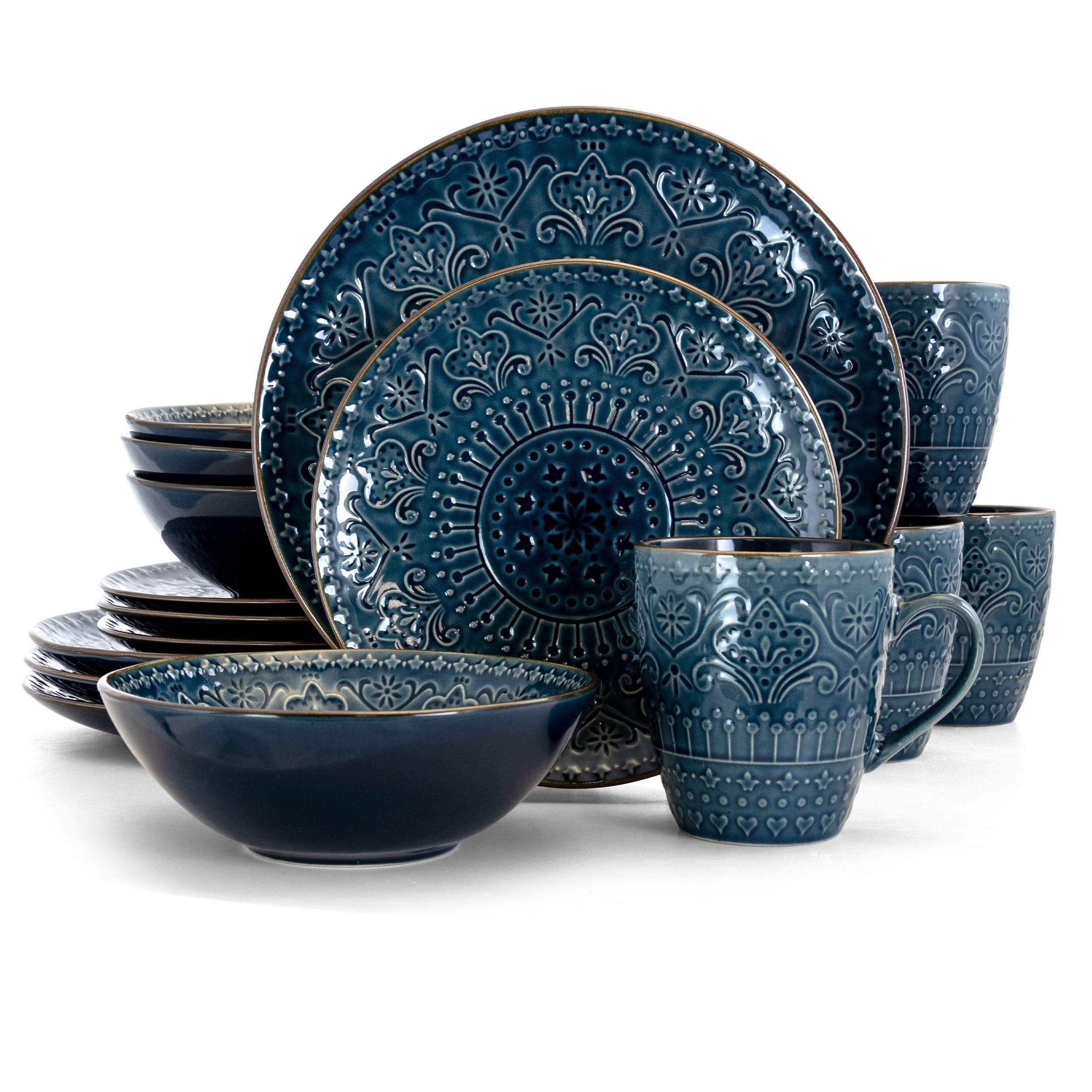 16-Piece Blue Floral Stoneware Dinnerware Set - Microwave Safe Round Plates & Bowls for Casual Dining, Family Gatherings & Everyday Use