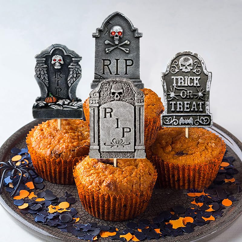 24-Piece Halloween Cupcake Toppers - Spooky Tombstone & Graveyard Cake Decorations for Halloween Party Supplies | Perfect for Cupcakes, Cakes, and Dessert Displays at Halloween Parties, Trick-or-Treat Events & Themed Gatherings