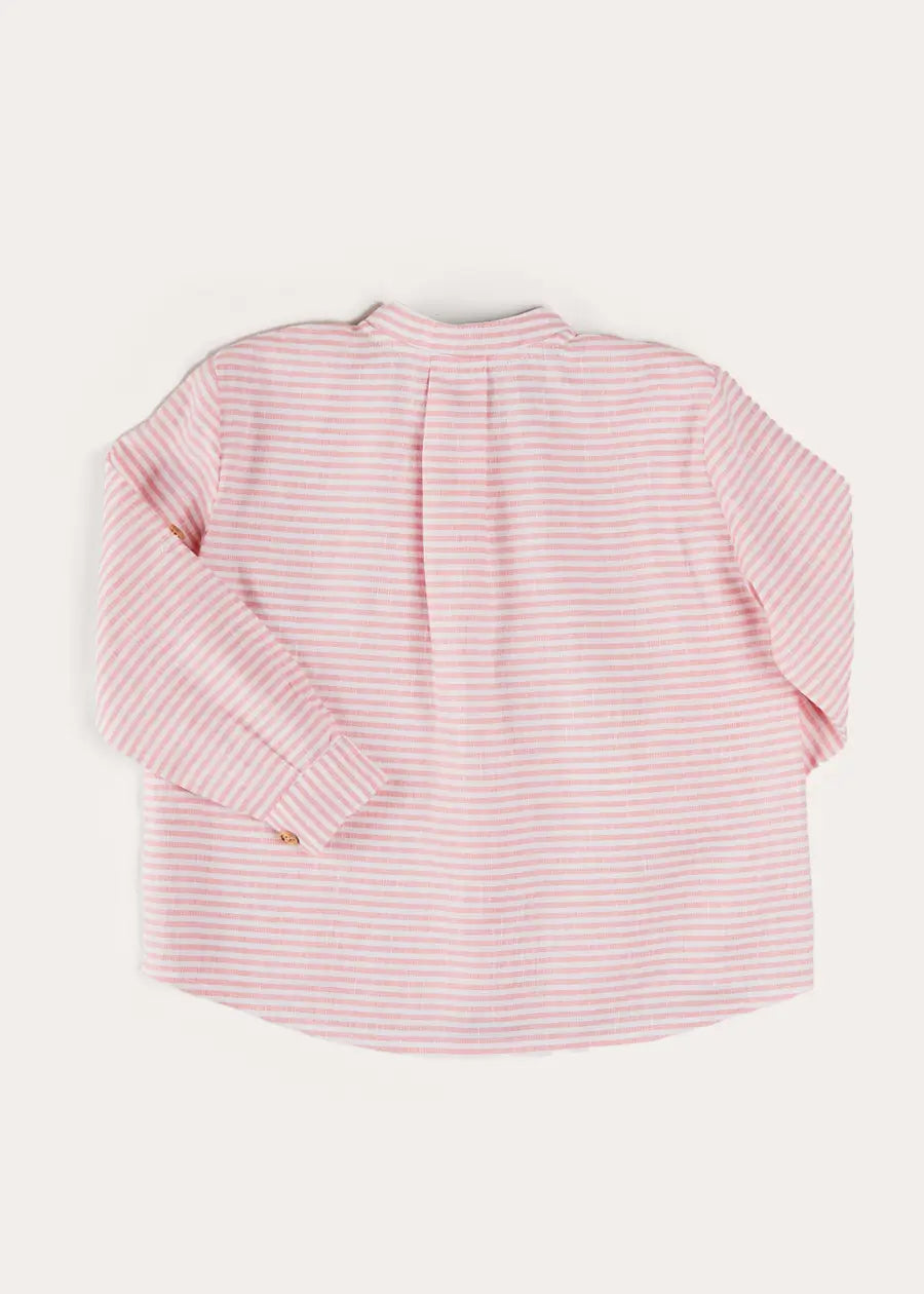 Hertford Striped Mao Collar Long Sleeve Shirt for Boys & Girls - Coral Color (Sizes 12 Months to 10 Years) - Perfect for School Uniforms, Family Photos & Special Occasions