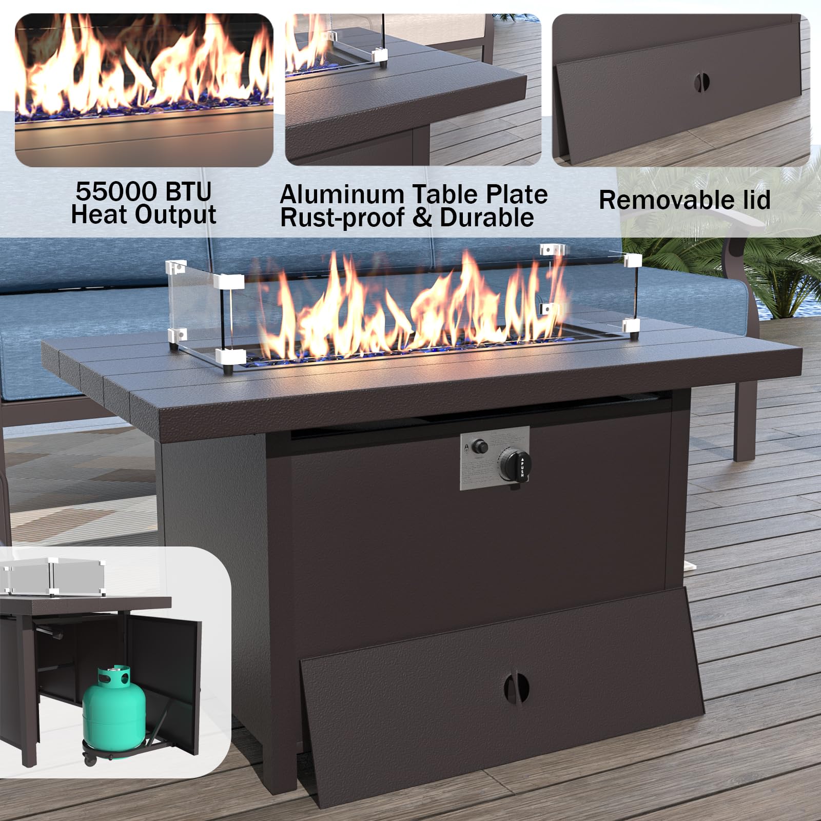 ALAULM 9-Piece Aluminum Outdoor Patio Furniture Set with Propane Fire Pit Table - Dark Blue Metal Sectional Sofa with 5.1
