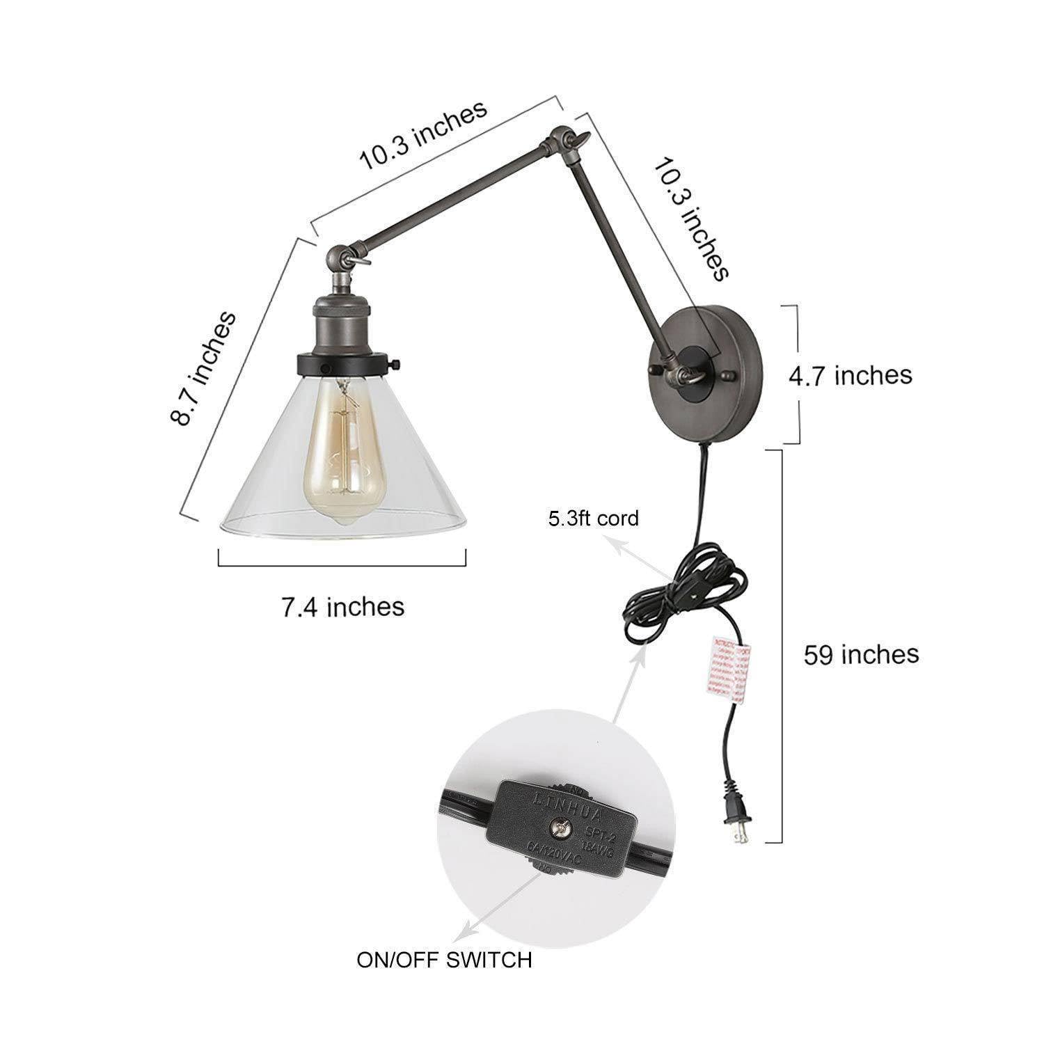 LNC Swing Arm Wall Sconce Lighting - Adjustable Plug-in Glass Lamp for Bedroom, Living Room, Reading Nook | Modern Wall Light Fixture with On/Off Switch, Perfect for Nighttime Reading and Ambient Lighting