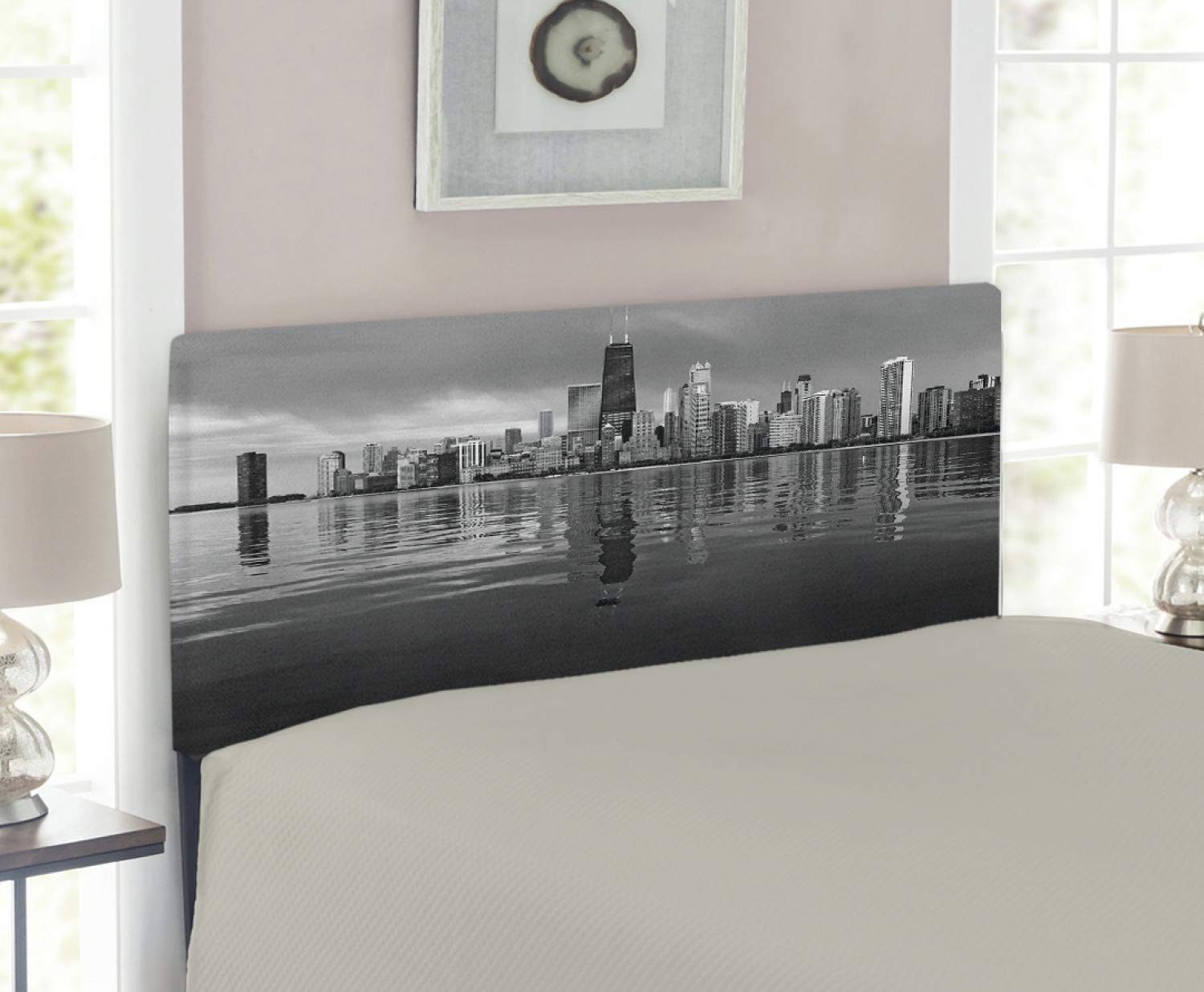 Ambesonne Chicago Skyline Headboard - Vintage Lake Michigan Harbor Coastal Design, Upholstered Metal Bed Headboard with Memory Foam, Twin Size Black & White - Perfect for Urban Loft, Coastal or Vintage Themed Bedrooms