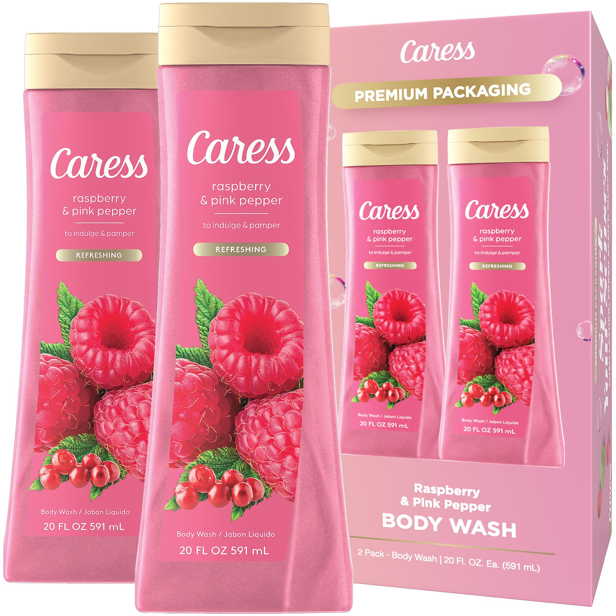 Caress Moisturizing Body Wash with Raspberry & Pink Pepper - Hydrating & Refreshing Liquid Soap for Smooth Skin - 20 Fl Oz (Pack of 2) - Perfect for Daily Shower, Spa Day & Gift Giving