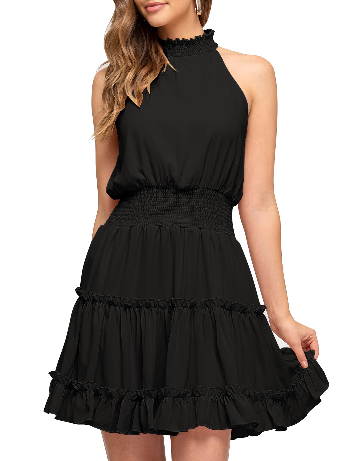 Women's Summer Casual Halter Neck A-Line Dress - Sleeveless Smocked Waist Ruffle Mini Dress for Beach, Party & Vacation | Flowy Comfortable Sundress for Women