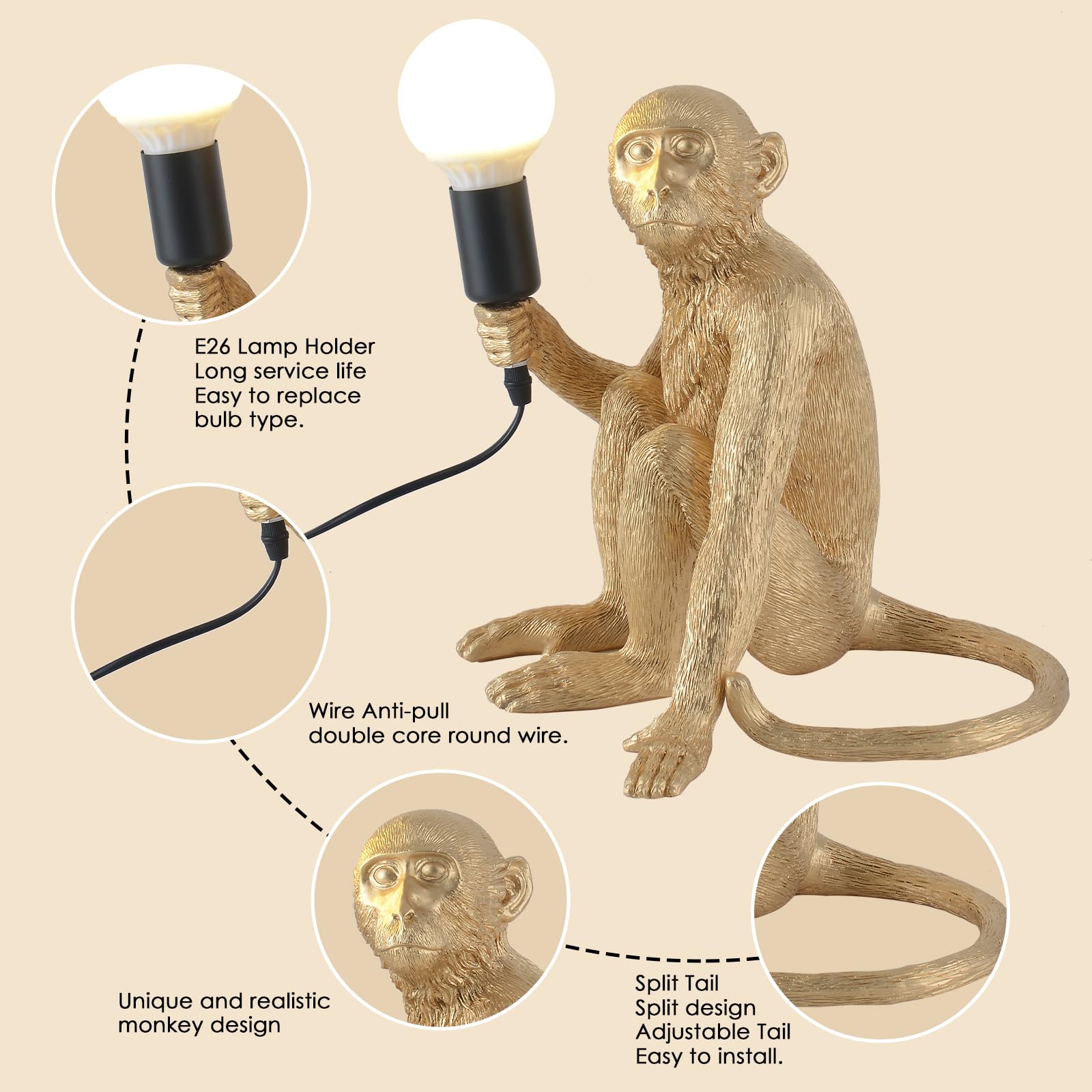 Modern Resin Sitting Monkey Table Lamp - Stylish LED Desk Light for Home & Office Decor, Bedroom, Living Room, Kids Room (Gold) - Perfect for Nightstands, Study Tables & Cozy Reading Corners