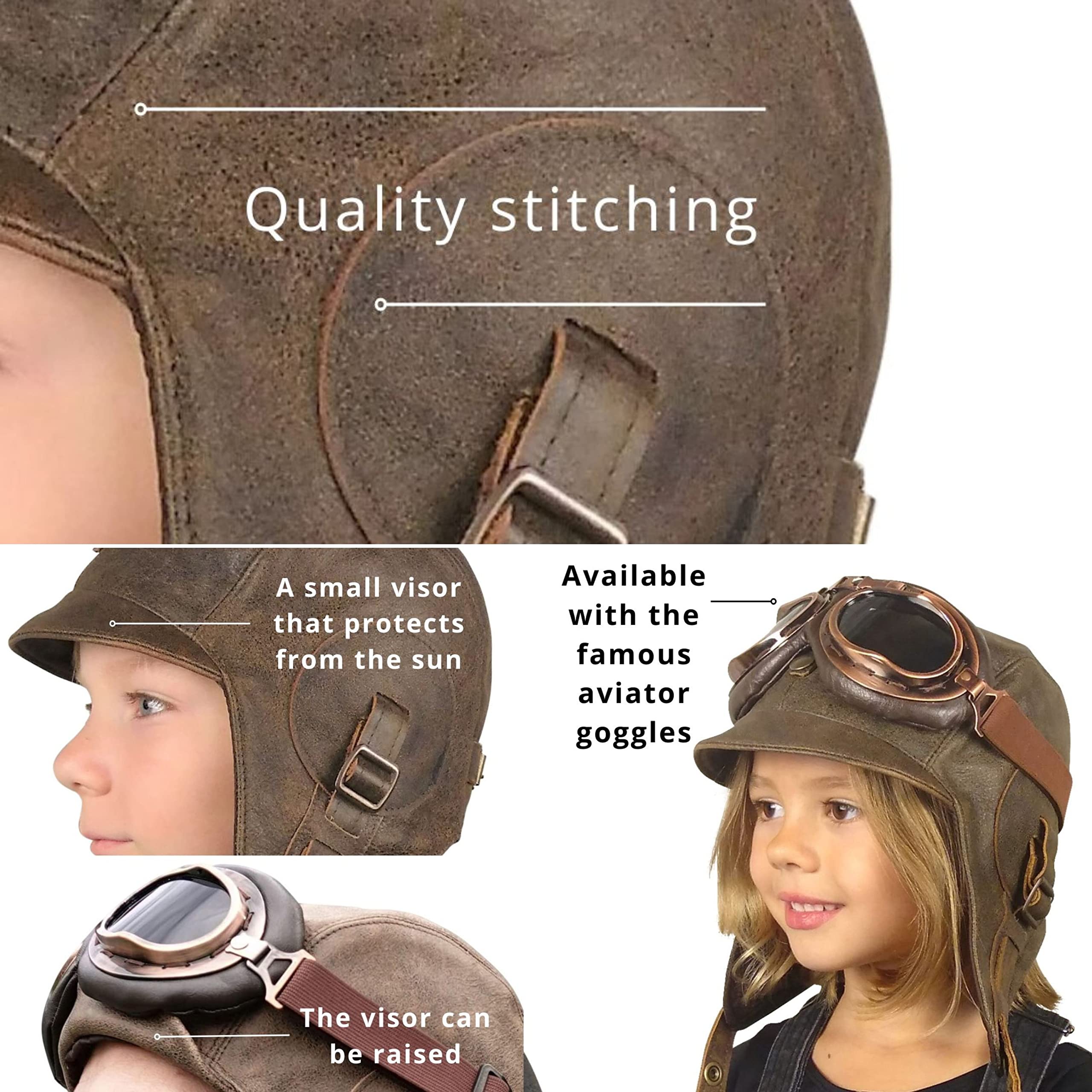 Kids Aviator Hat with Goggles - Genuine Brown Leather Pilot Cap for Children - Small Size - Perfect for Dress Up, Halloween Costumes & Aviation-Themed Parties