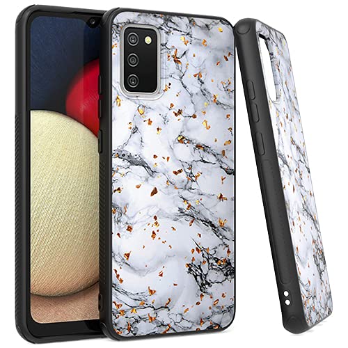 Tempered Glass Screen Protector & Chrome Flake Marble Phone Case for Samsung Galaxy A02s SM-S124DL - Premium Protection with Bonus Gift Stand (White) - Perfect for Everyday Use, Travel, and Office