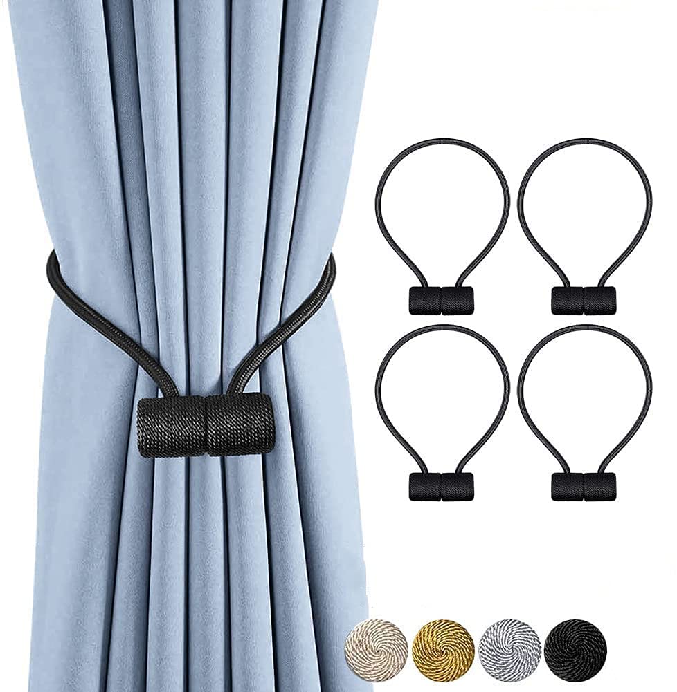 Strong Magnetic Curtain Tiebacks - Decorative Rope Holdbacks for Window Draperies (4-Pack, Black) | Perfect for Living Room, Bedroom & Office Window Decor