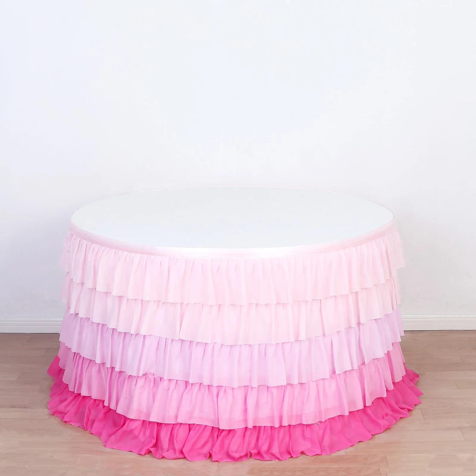 14 ft Chiffon 5 Tier Ruffled Tutu Table Skirt with Satin Backing - Elegant Party Decor for Weddings, Baby Showers & Banquets