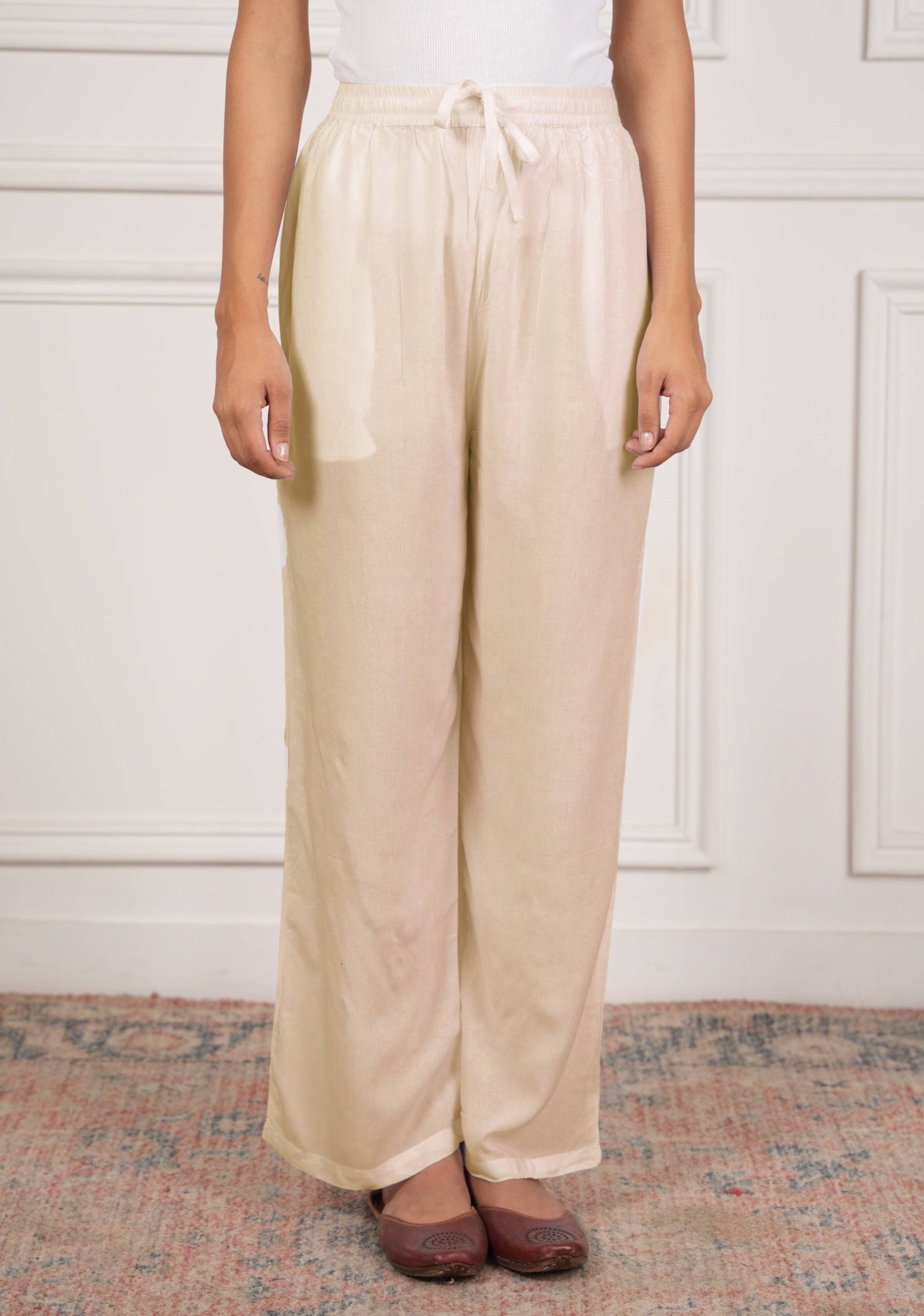 House Of Kari Women's Beige Rayon Cotton Pants - Comfortable Stretch Lounge Pants for Yoga, Travel & Casual Wear