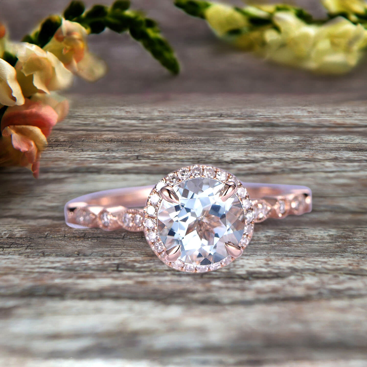 1.50 Carat Aquamarine Engagement Ring - Round Cut Art Deco Style 10k Rose Gold Halo Wedding Ring - Personalized Anniversary Gift for Brides | Perfect for Proposals, Weddings & Romantic Occasions